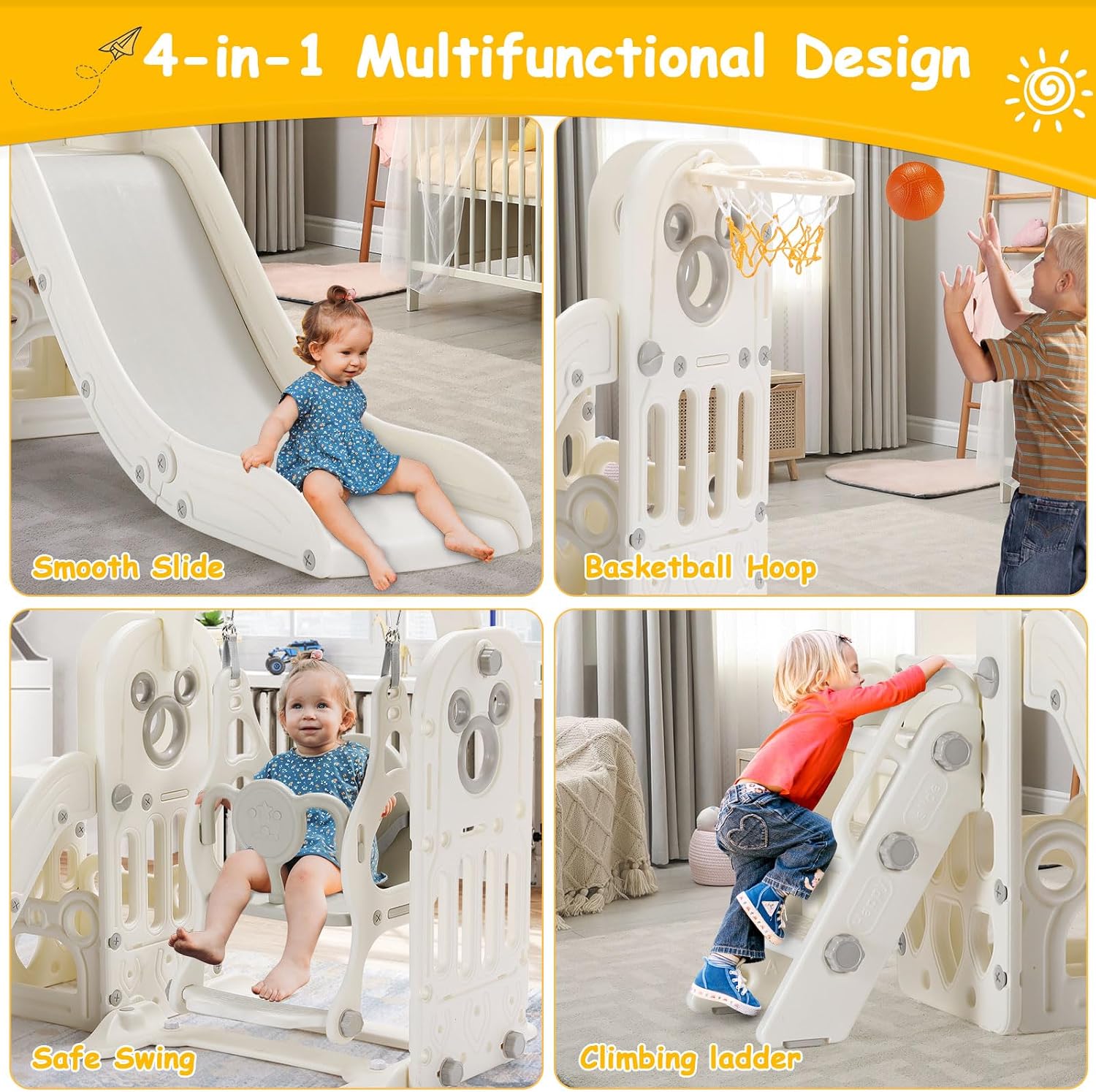 7 in 1 Toddler Slide and Swing Set, Freestanding Kids Large Climber Playset with Basketball Hoop,Storage Space, Baby