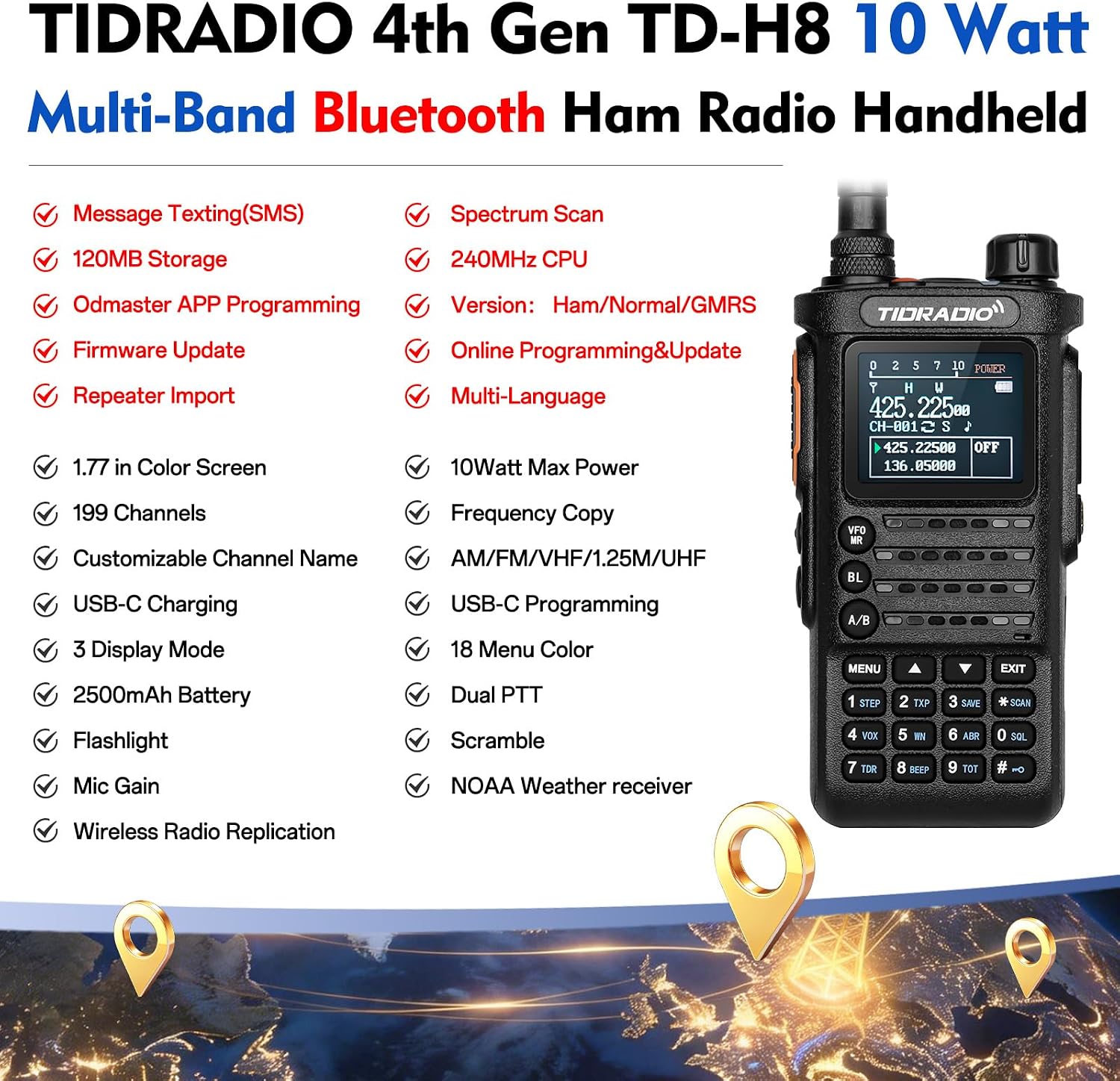 (4th Generation) TIDRADIO TD-H8 10Watt Ham Radio,APP Programming,Spectrum Analysis,SMS Message Text,Online Firmware