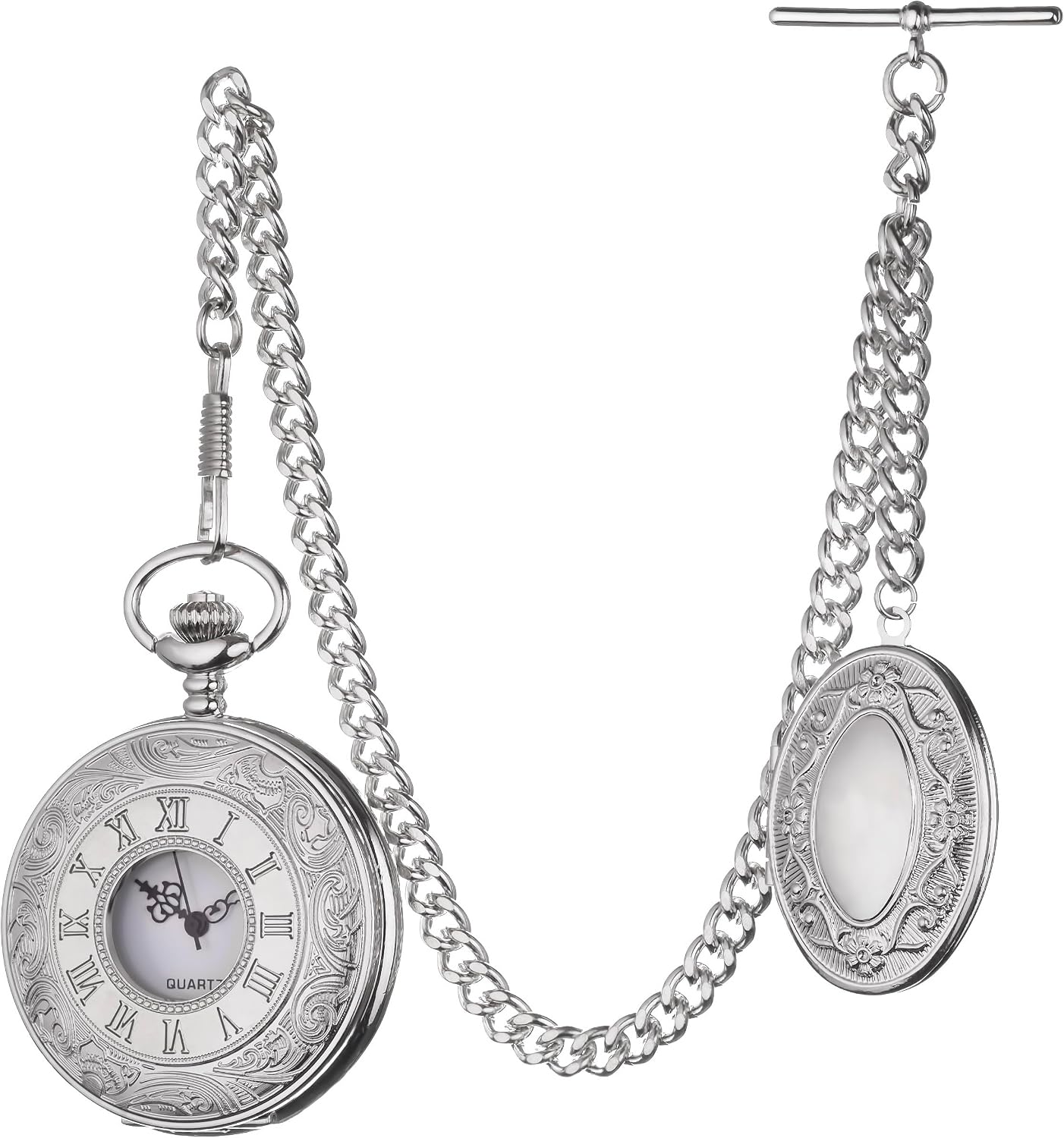 Vintage-Style Pocket Watch Chain with Ornate Medal and Pocket Watch – 12 Inch T-Bar Chain for Waistcoats, Costumes &