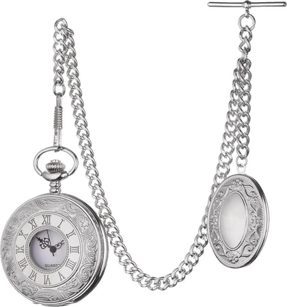 Vintage-Style Pocket Watch Chain with Ornate Medal and Pocket Watch – 12 Inch T-Bar Chain for Waistcoats, Costumes &