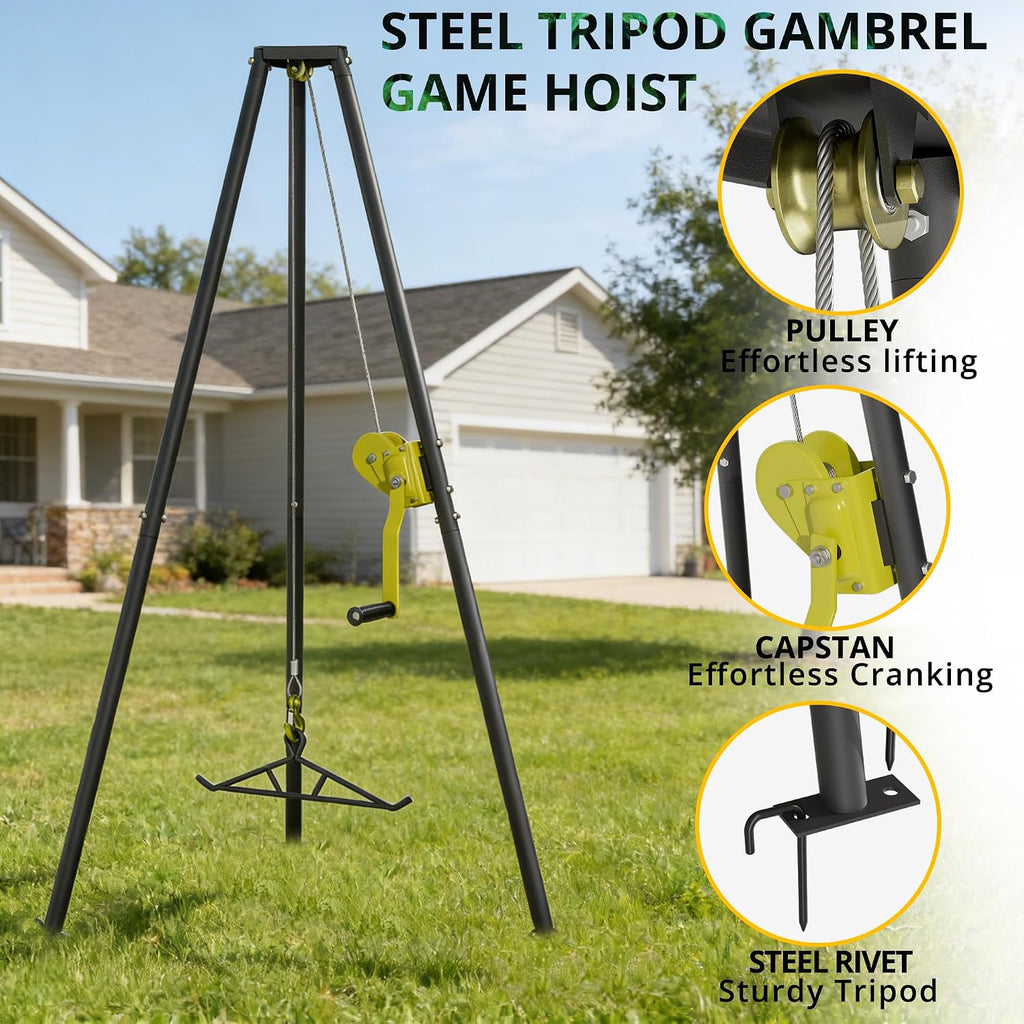 Deer Hoist,Tripod Game Stand with Gambrel and Manual Crank for Hanging Game,Portable Deer Hanger for