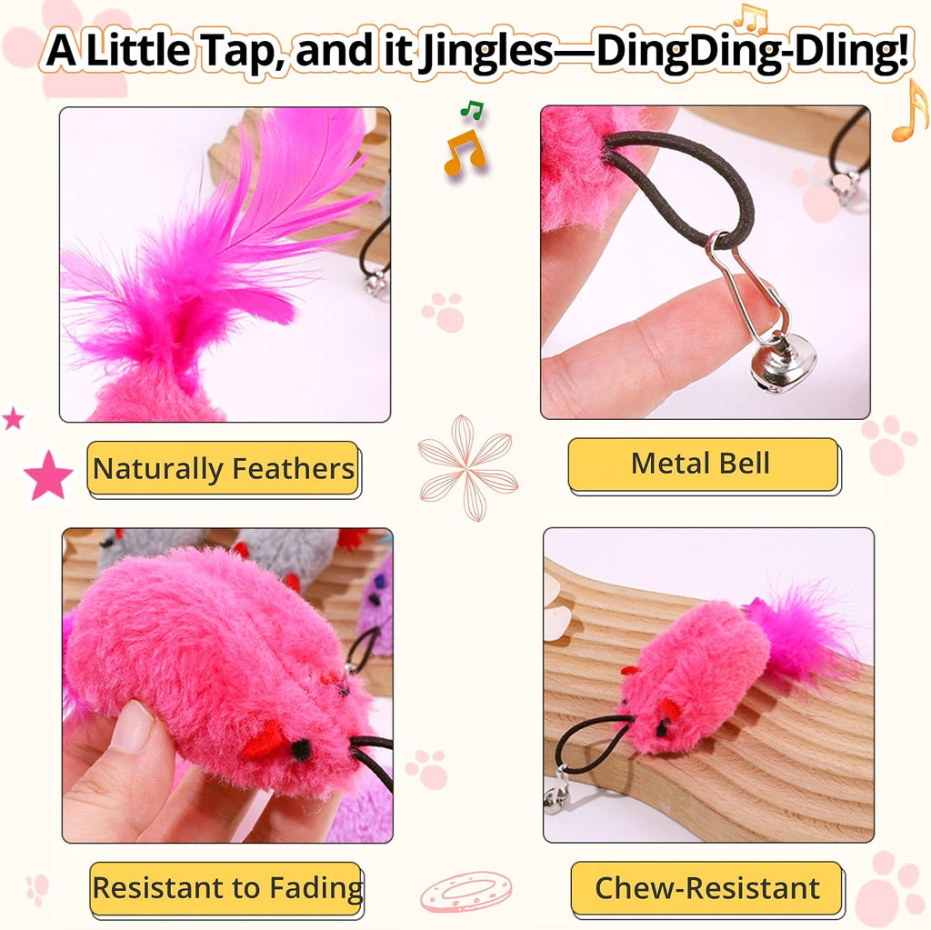 Cat Toy Refill, 2 Pack Mouse Toy with Feather Tail and Bell for Cat Wand Toy Accessories Cat Toy Attachments