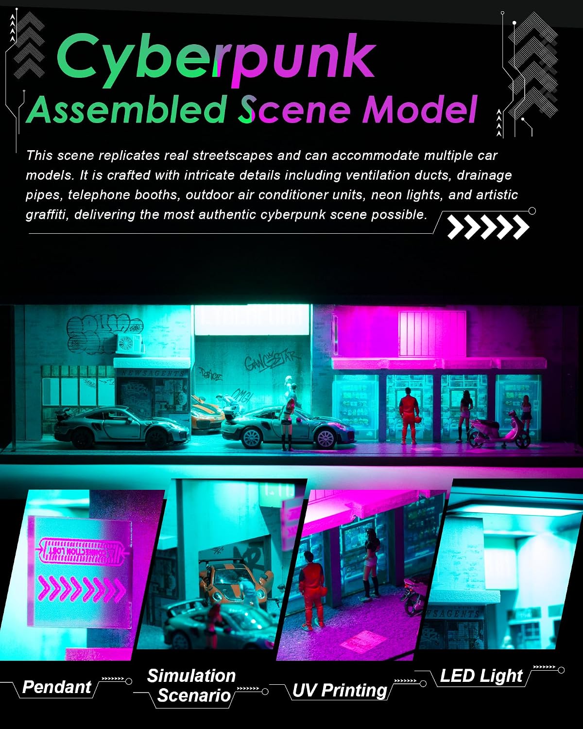 1/64 Scale Display Case Car Garage Diorama, Cyberpunk Acrylic Clear Diecast Car Showcase with Blue & Purple LED
