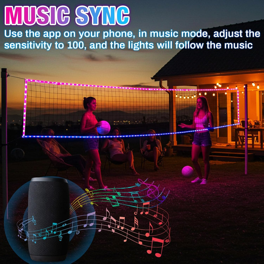 LED Professional Volleyball Net Remote Music 31.2x3.3ft Beach Backyard Pool | Portable Light up Volleyball Net