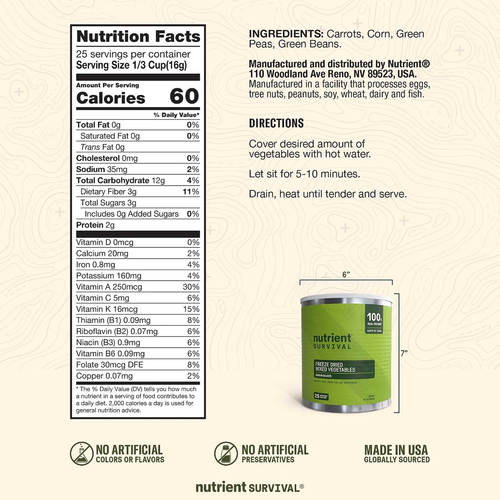 Freeze-Dried Mixed Vegetables – #10 Can | 25-Year Shelf Life | Emergency Food | Premium Non-GMO Blend
