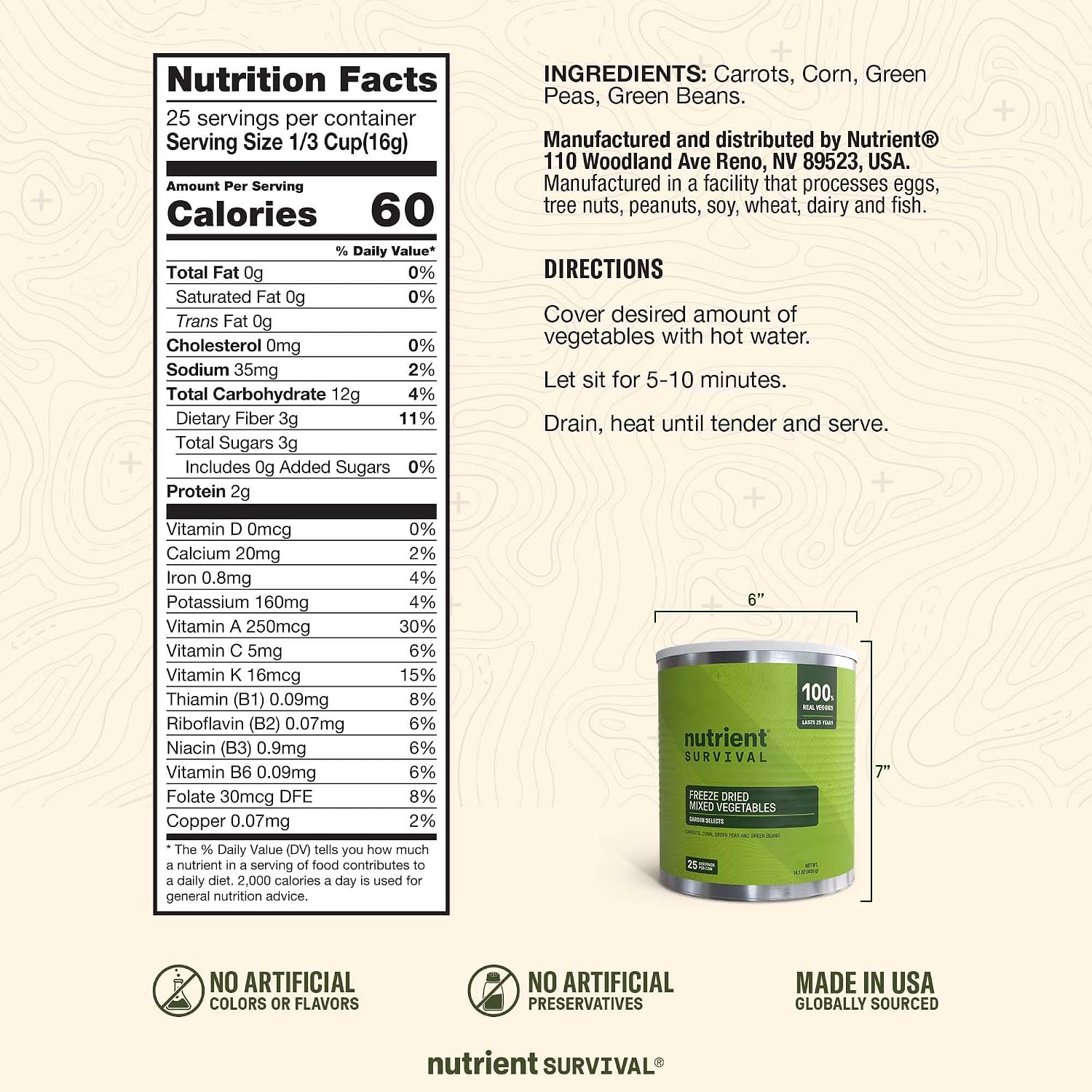 Freeze-Dried Mixed Vegetables – #10 Can | 25-Year Shelf Life | Emergency Food | Premium Non-GMO Blend