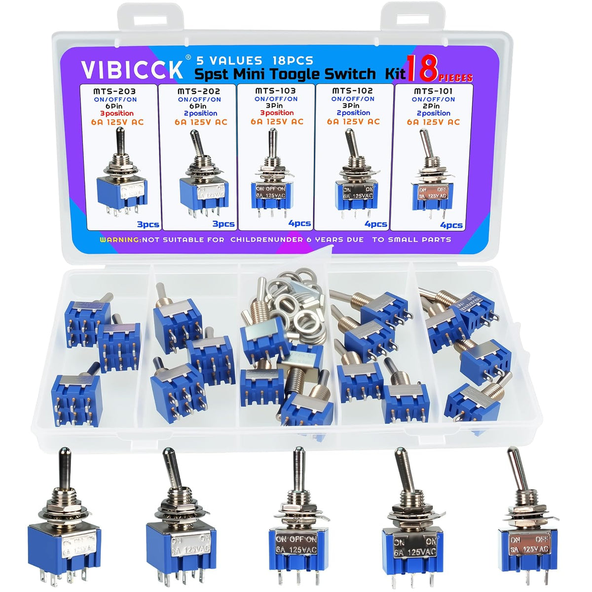 18PCS 5Values Mini Toggle Switch SPST Assortment Kit 6A 125V ON/Off/ON 2/3/6 Pin 2/3 Position Micro Rocker Switches (5Values 18pcs)
