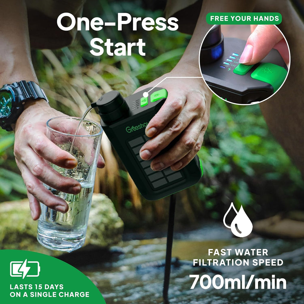 Portable Electric Water Filter for Camping & Survival - 0.01 Micron Water Purification System with Solar, Hand Crank
