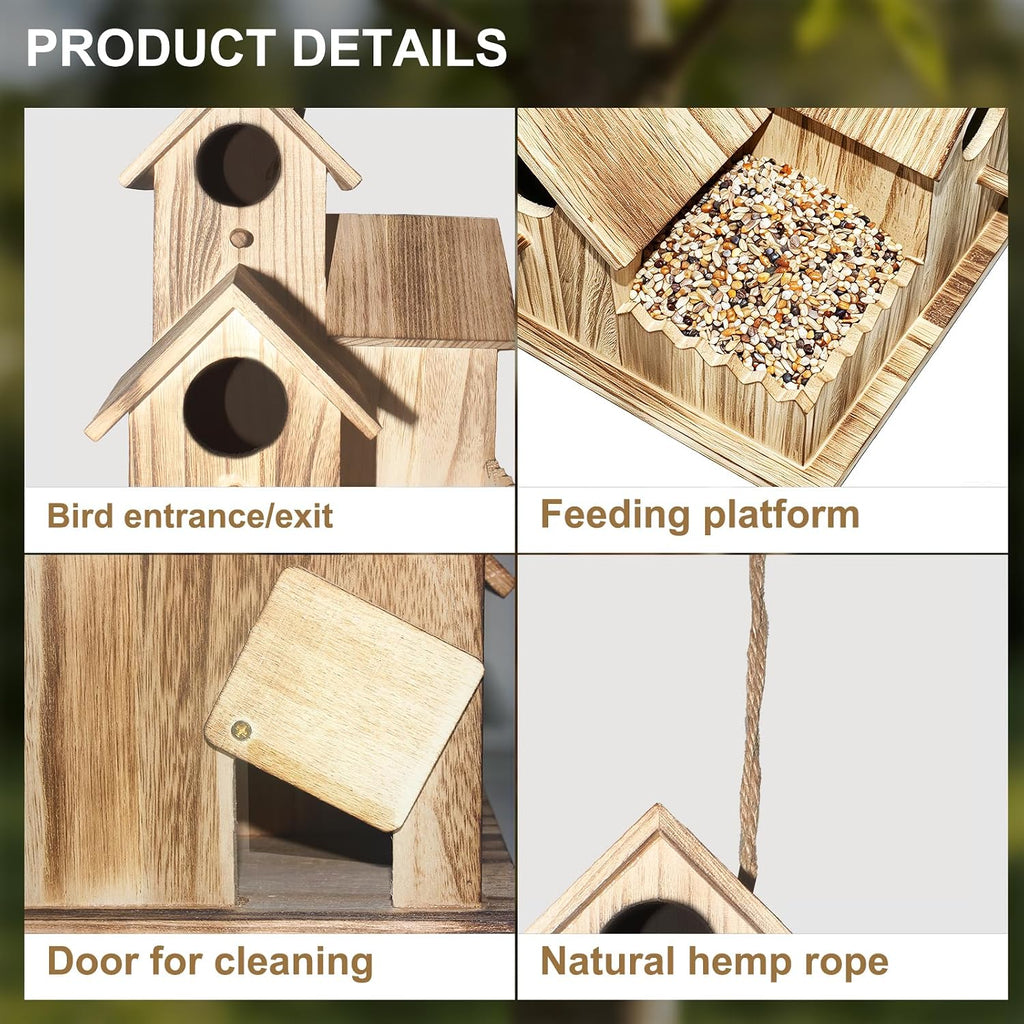 Large Wooden Bird House for Outside, 3-Hole Birdhouse, Outdoor Bird Nesting Box for Bluebird Chickadee Finch Wren