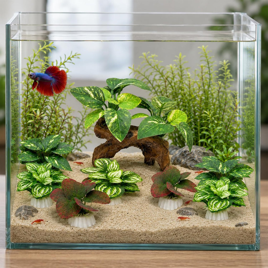 9-Pack Silk Aquarium Plants & Driftwood Cave Fish Tank Decor Accessories | Soft Silk Plants Aquarium Decorations