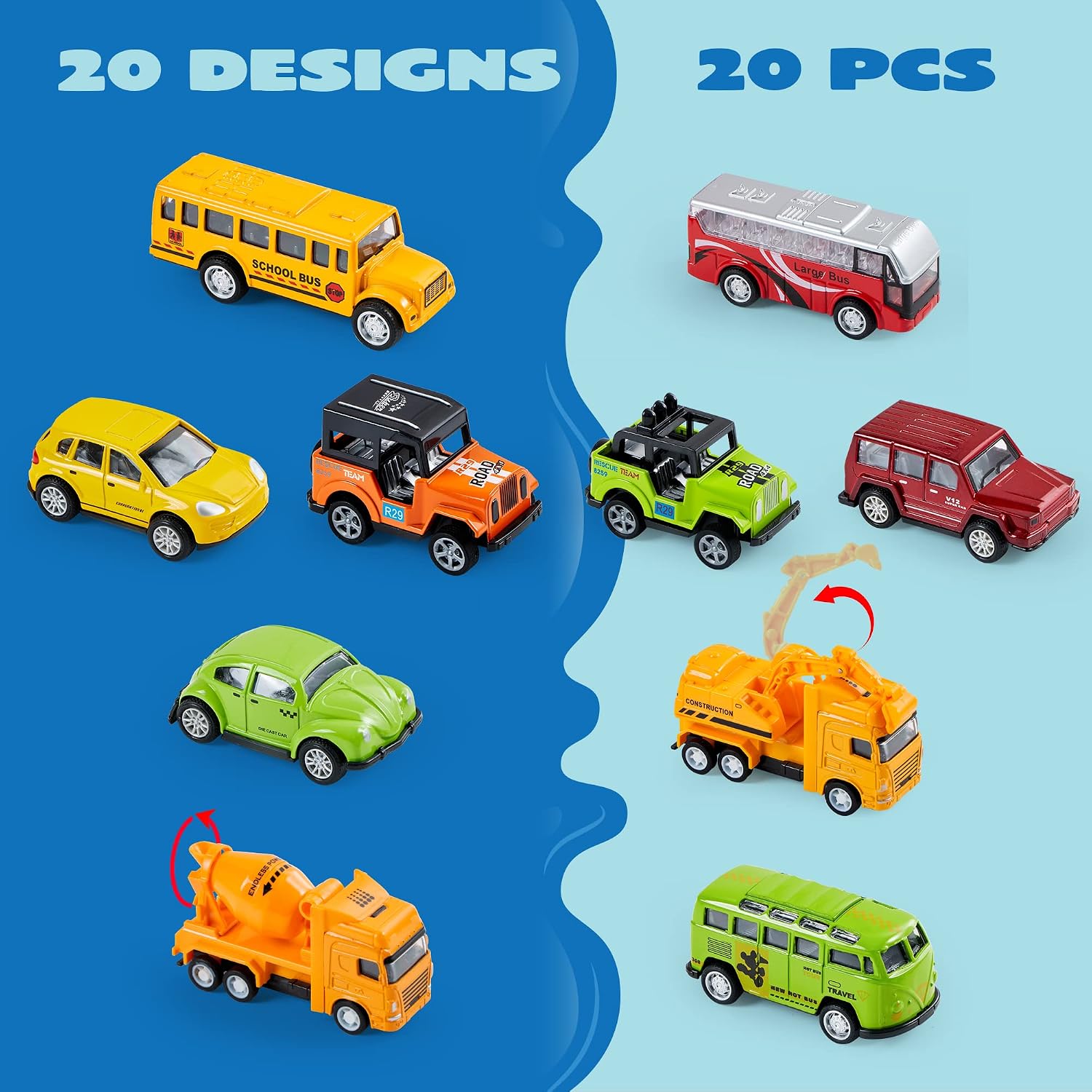 20PCS Die Cast Pull Back Cars, Metal Toy Cars, Car Toys Bulk, Vehicle Set for Toddlers, Kids Party Favors, Cake