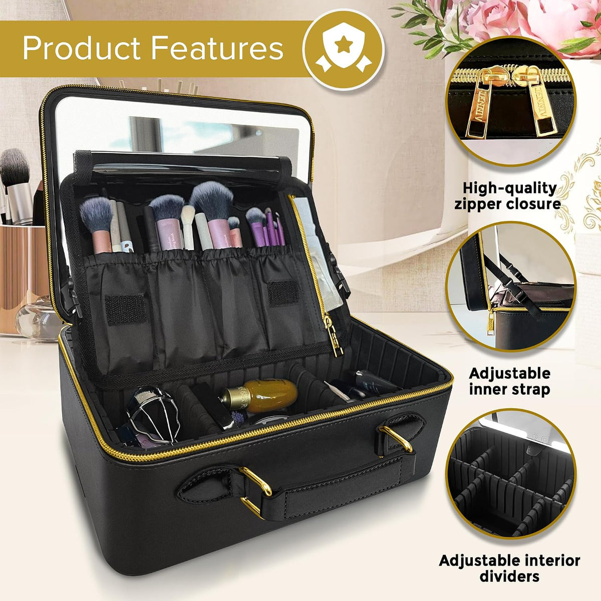 Upscale PU Leather Makeup Bag with Light Up Mirror, 3 Brightness Settings, Adjustable Dividers - Replace Your Bulky