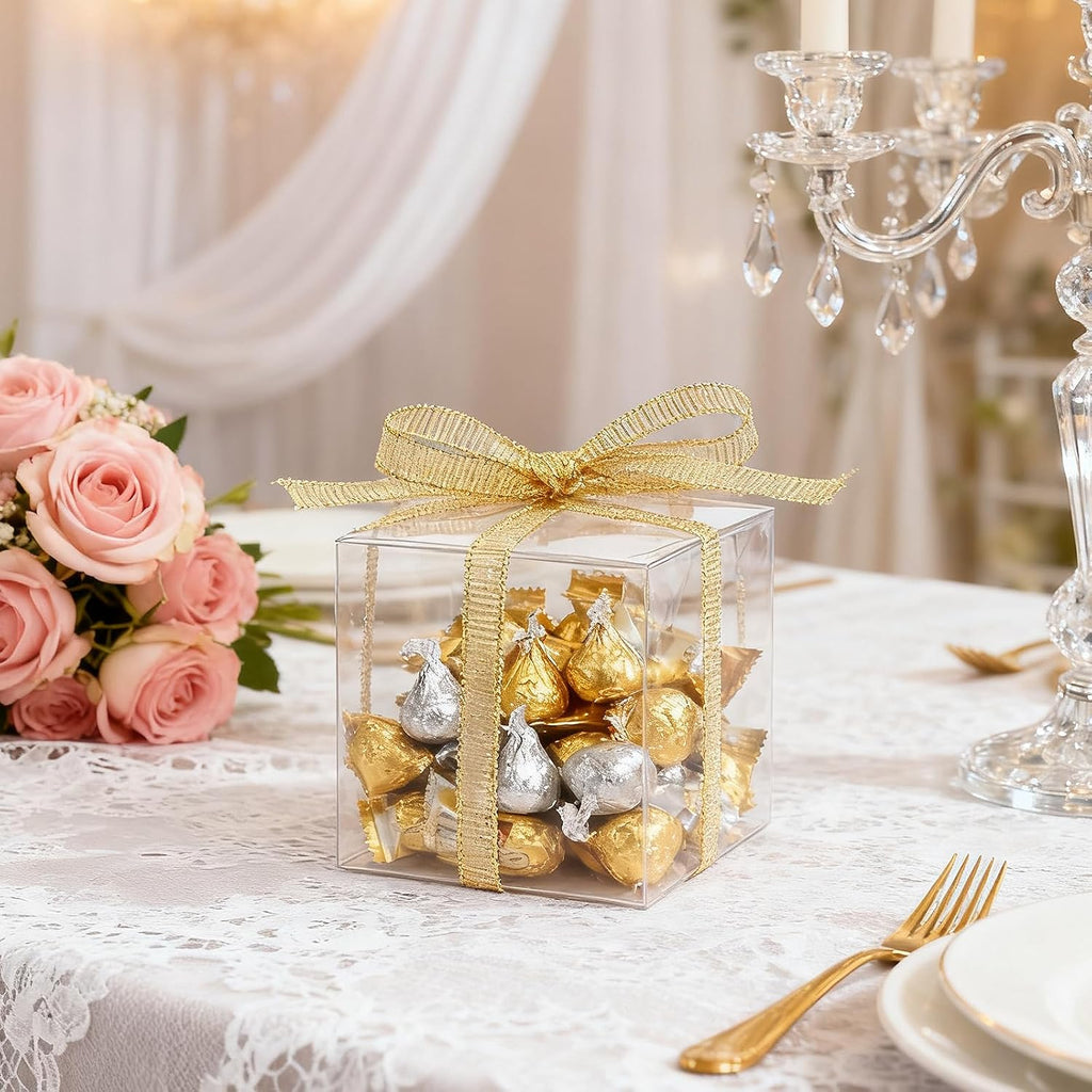 60 Pack Clear Favor Boxes, 2x2x2 Inch Candy Boxes with Ribbons, Small Candy Containers Plastic Gift Box for Macaron