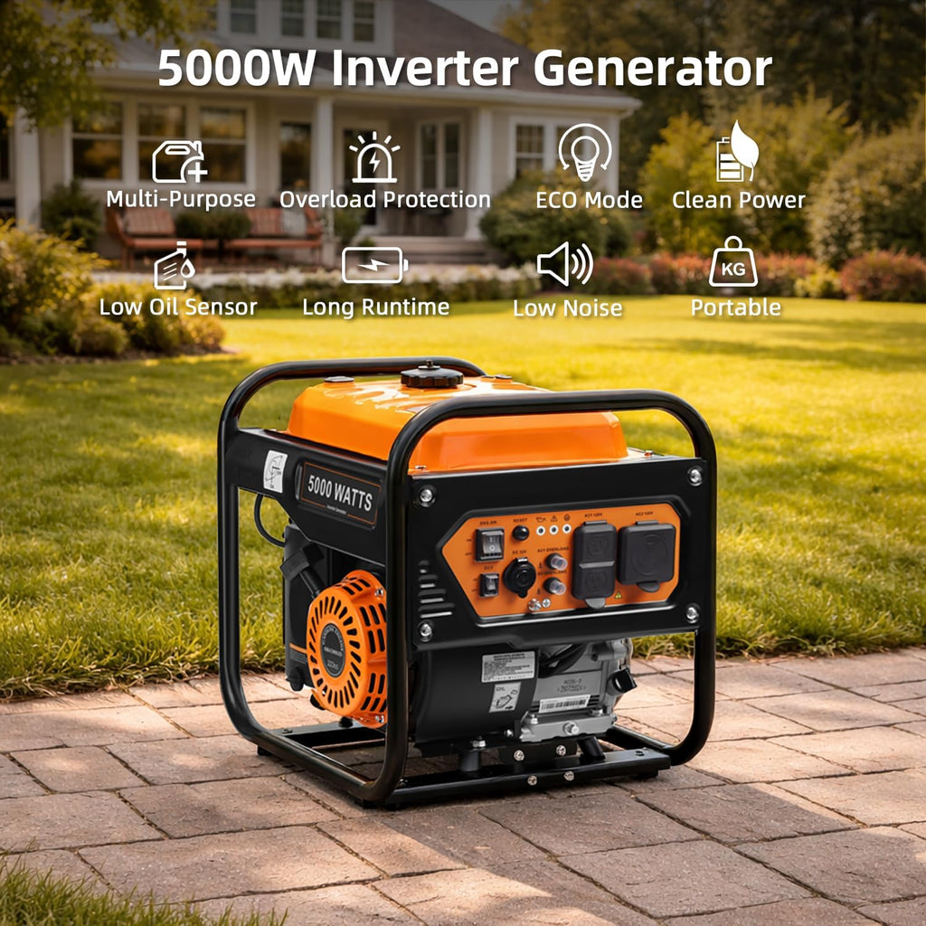 5000-Watts Portable Inverter Generator, Gas Generator for Home Backup, 30A Outlet, RV Ready, ECO Mode, 60Lbs, EPA
