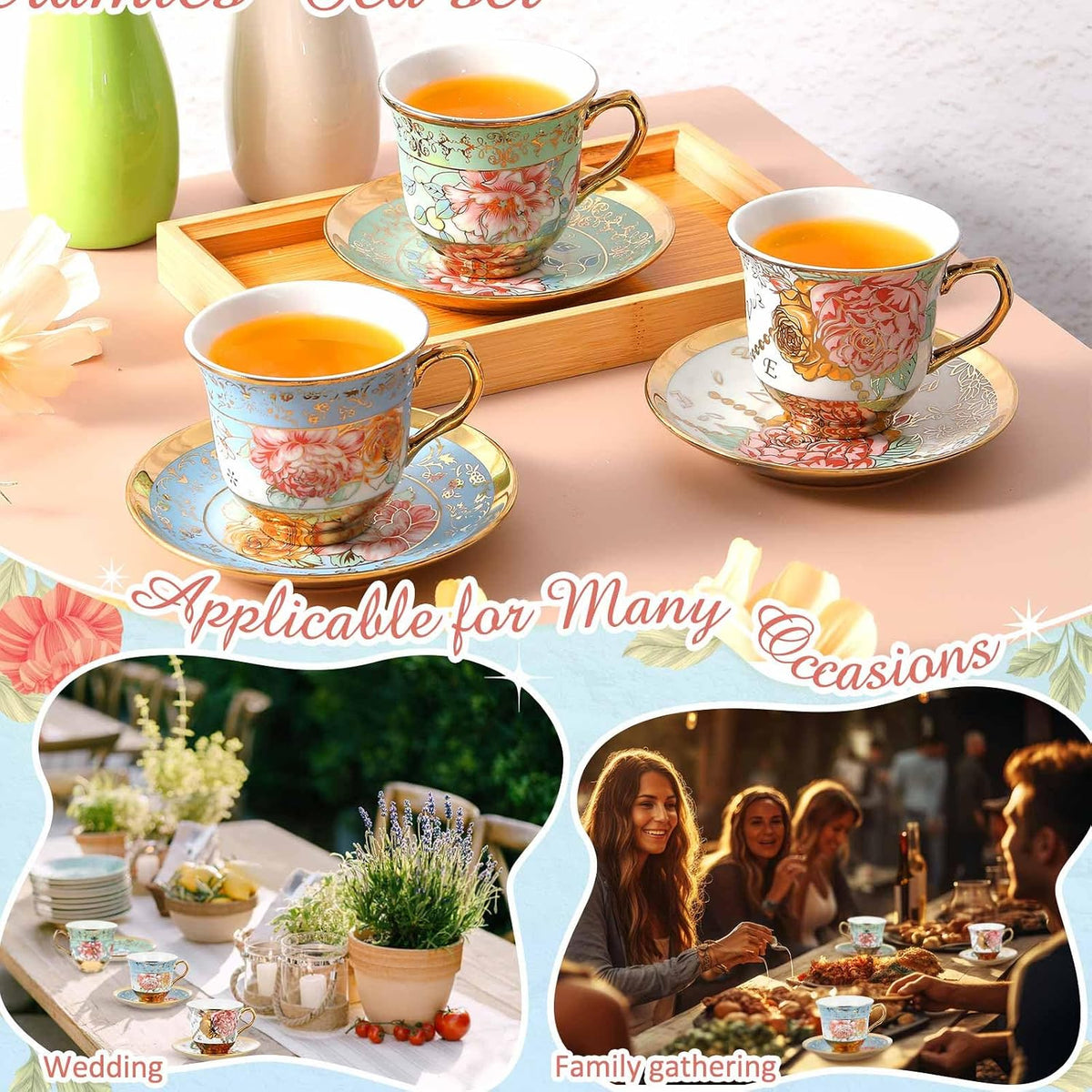 Set of 12 Tea Cups and Saucers, Classic Style, 5.4 oz