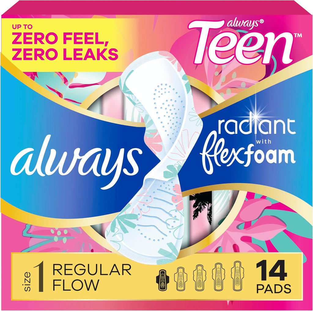 Radiant Teen Feminine Pads for Women, Size 1 Regular Absorbency, with Wings, Unscented, 14 Count