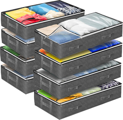 90L Under Bed Storage Containers (8 Pack) | Closet Organizer with Clear Window | Underbed Storage Bins for Towels