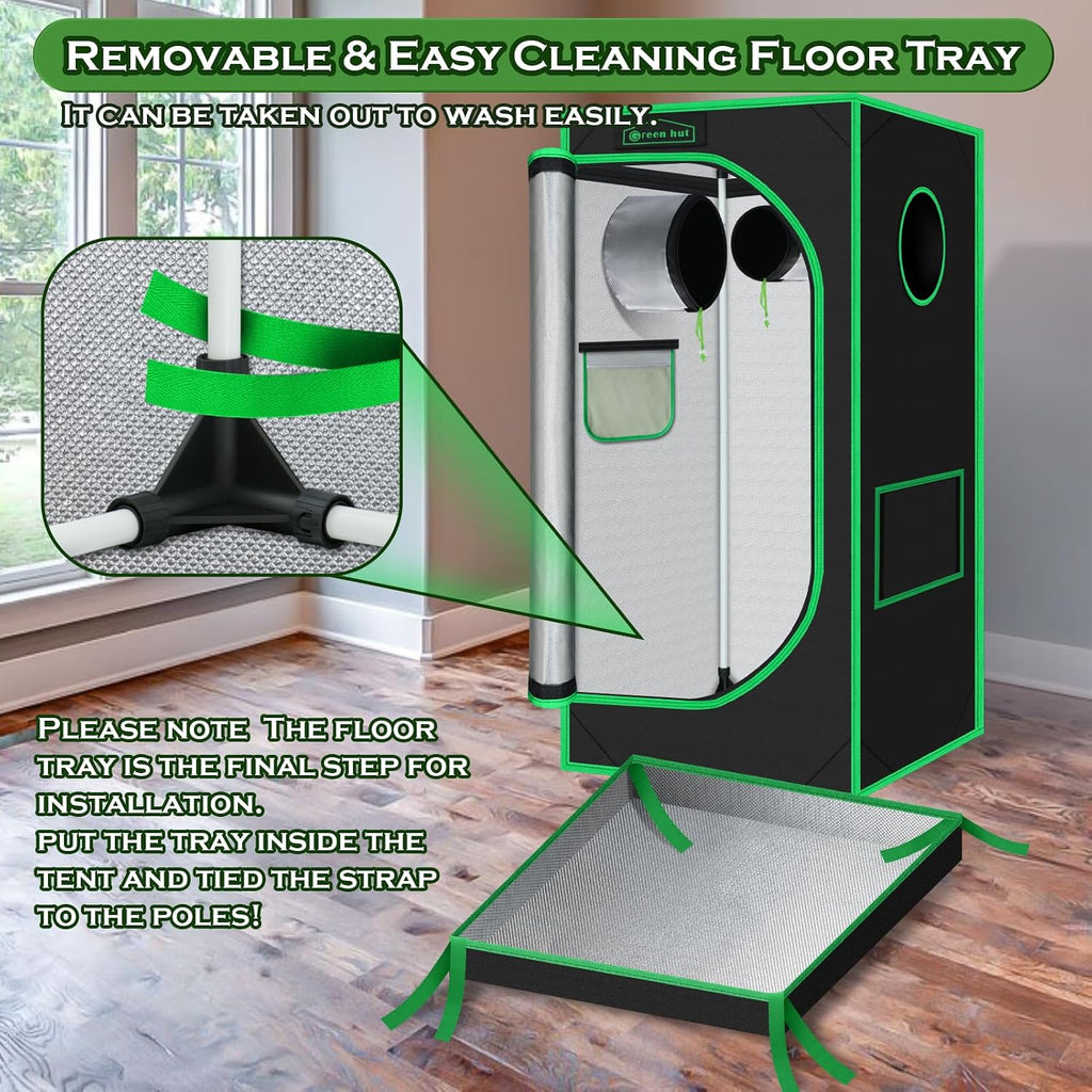 2x2 Green Hut Grow Tent 24"x24"x48" 600D Mylar Hydroponic Grow Tents | Observation Window, Removable Floor Tray, 100%
