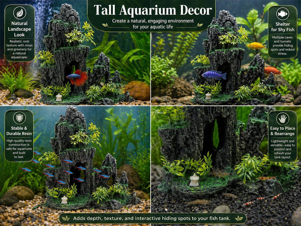 Large Aquarium Decorations and Tall Aquarium Decor for Fish Tank Decorations Artificial Mountain View Ornament Tall