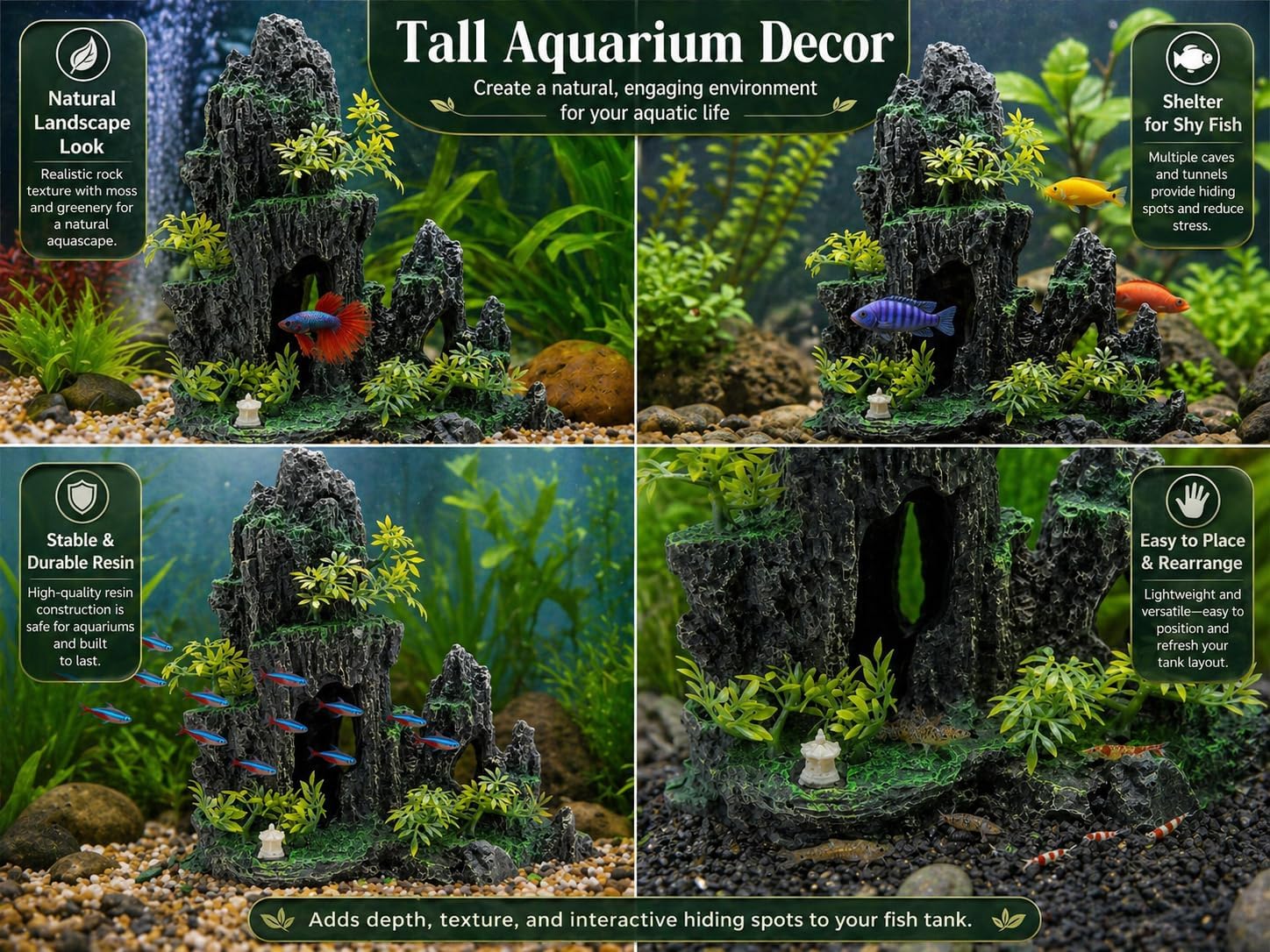 Large Aquarium Decorations and Tall Aquarium Decor for Fish Tank Decorations Artificial Mountain View Ornament Tall