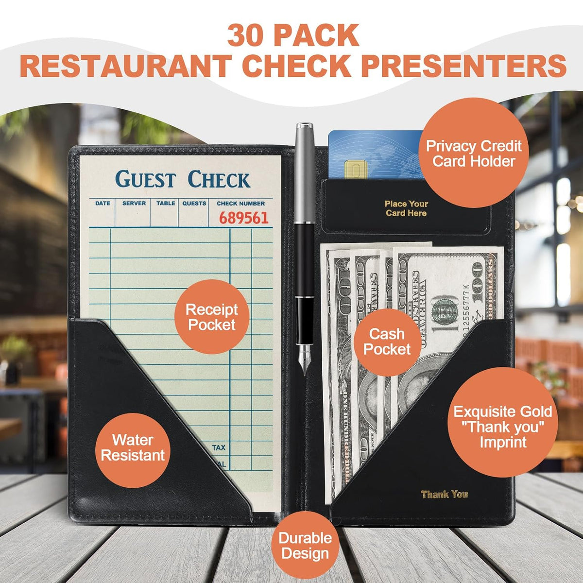 Leather Restaurant Check Presenters, 30Pcs 9 x 5" Guest Card Holder