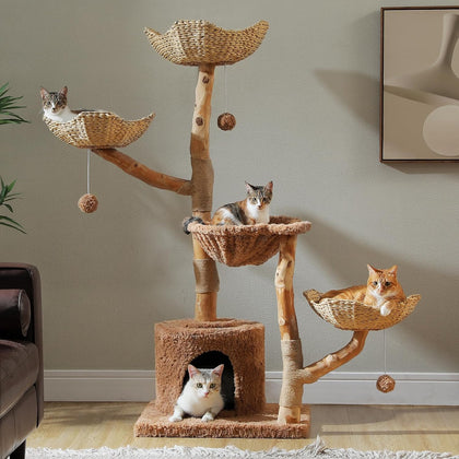 Modern Cat Tree with Real Wood&Wicker Basket for Large Cats Brown