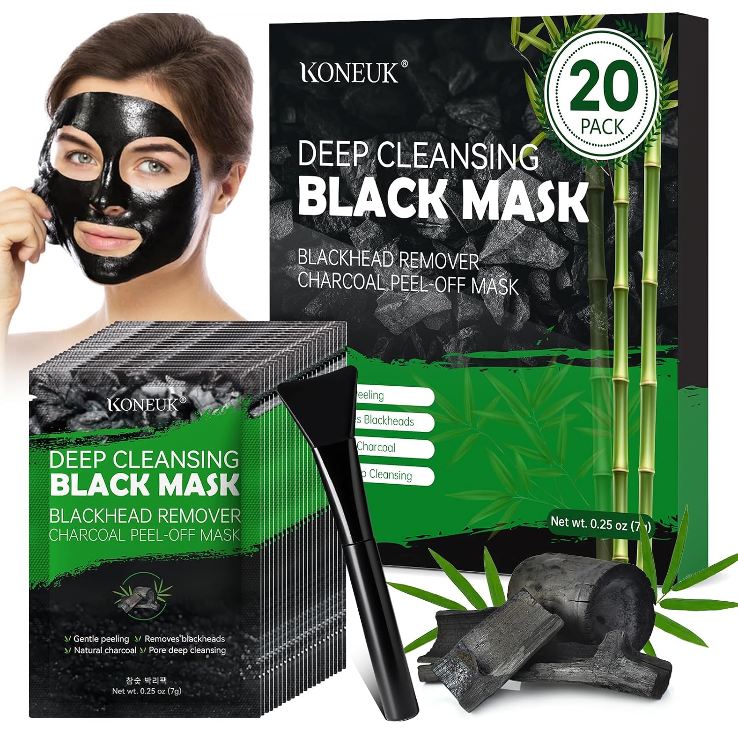 20 Pack Charcoal Peel Off Black Face Mask with Brush | Deep Cleansing for Men and Women