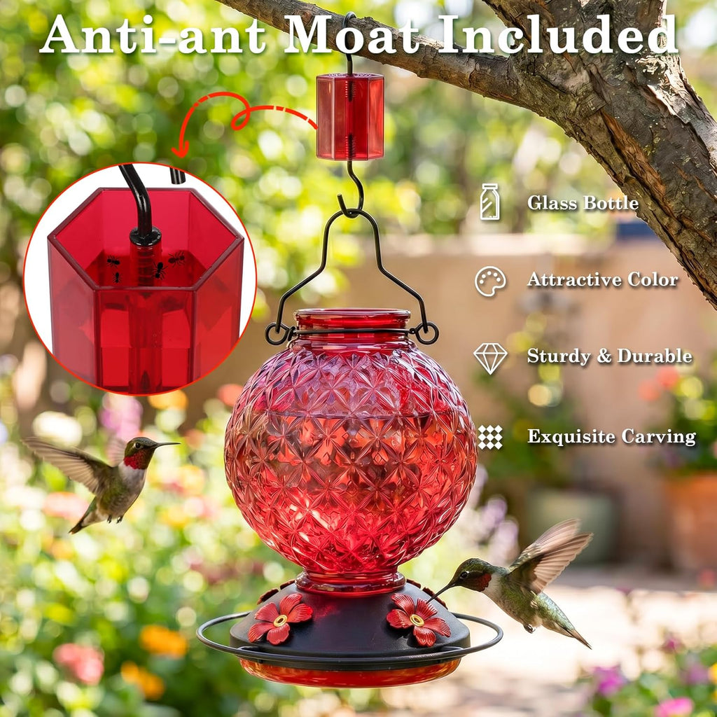 25 OZ Glass Hummingbird Feeder for Outdoors, Leak Proof Hummingbird Feeder with Ant Moat, 4 Bee Resistant Feeding
