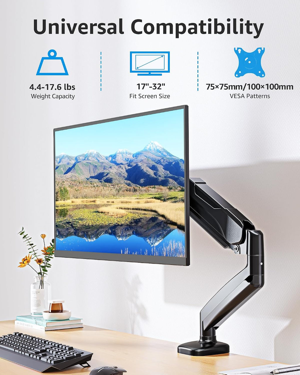 Single Monitor Desk Mount Holds Screen up to 32 inch, Height Adjustable Monitor Arm, Full Motion Computer Monitors