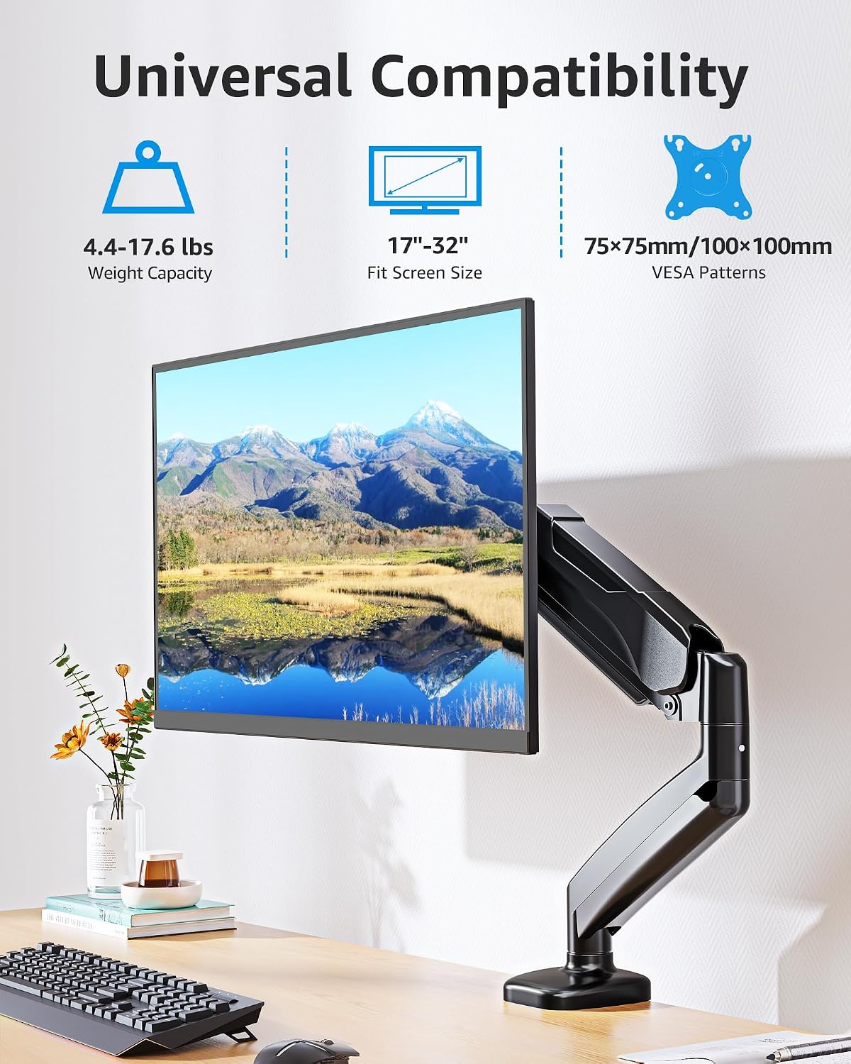 Single Monitor Desk Mount Holds Screen up to 32 inch, Height Adjustable Monitor Arm, Full Motion Computer Monitors