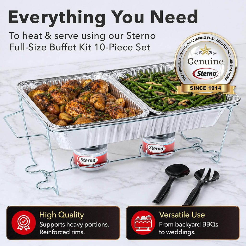 Disposable Chafing Dish Buffet Set With 6-Hour Fuel, 10 Piece | 1 full-size buffet setup with 2 cans of fuel, water