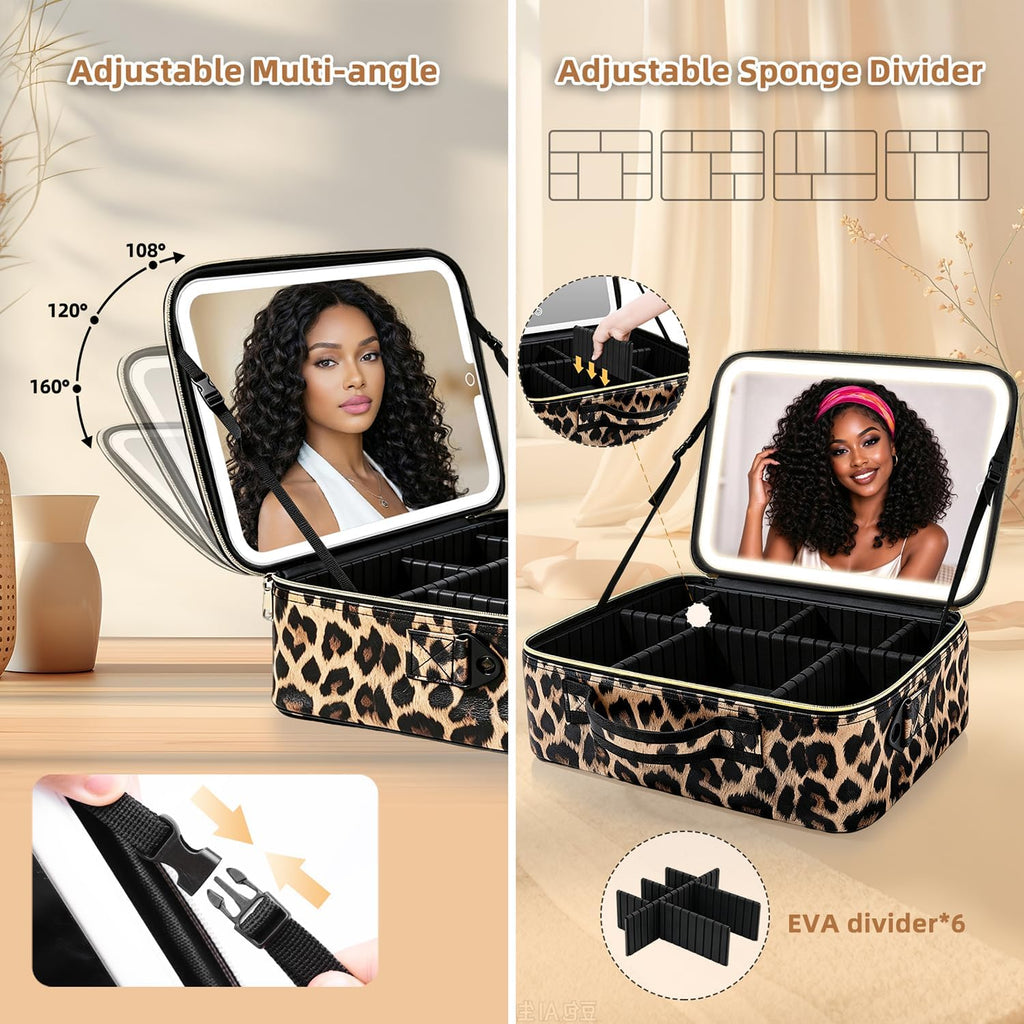 Makeup Bag with Mirror and Light, 15"X11" Large, Leopard Print PU Leather