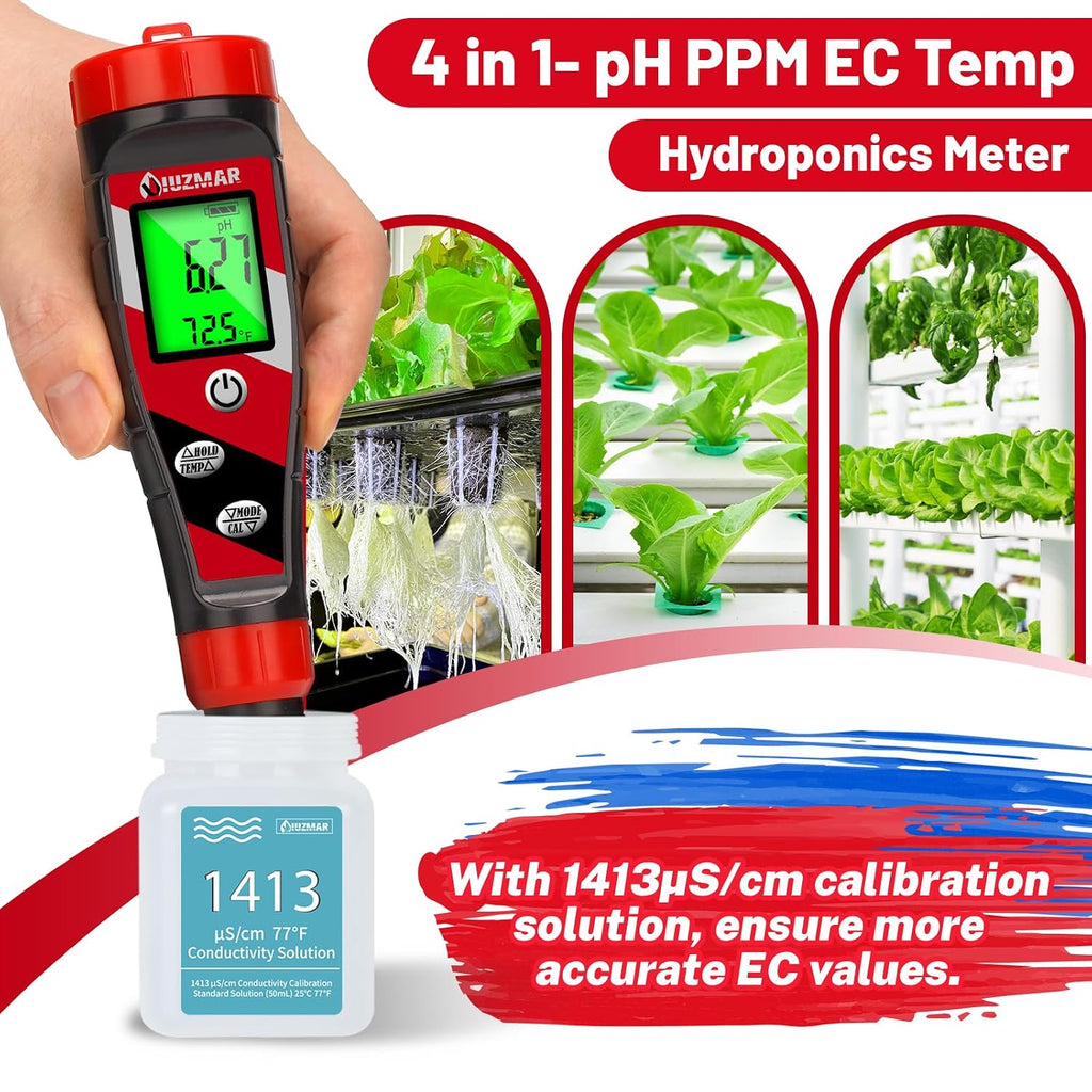 pH Meter for Water Hydroponics Supplies 4 in 1 pH PPM ECTester | pH Up and Down Tester Digital PPM Meter EC Meter