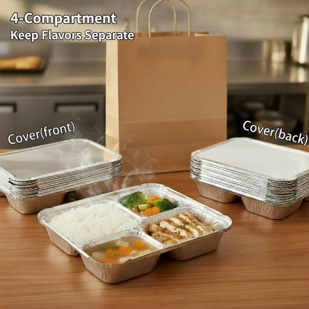 20 Pack 9.6 x 8.5 Inch 4-Compartment Disposable Aluminum Foil Trays with Lids, Oven Safe Food Containers for Takeout