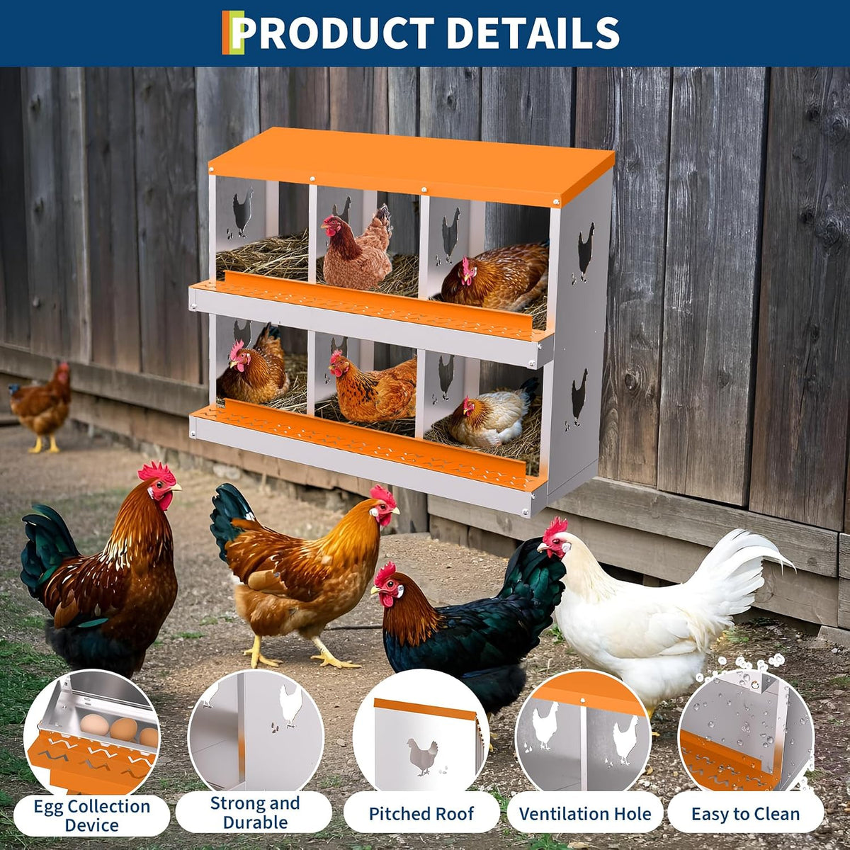 Chicken Nesting Boxes, Galvanized Steel Roll-Away Laying Boxes for Hens