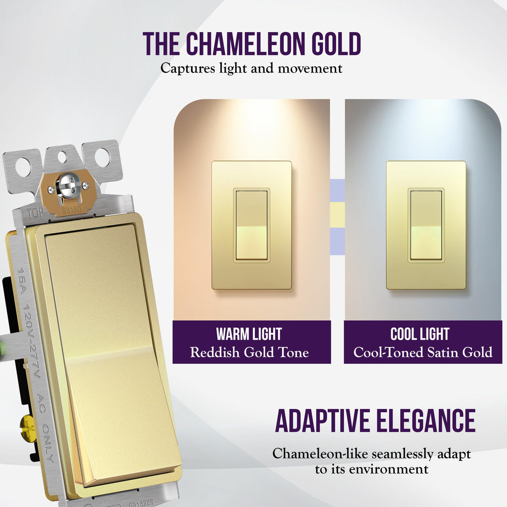 ENERLITES Gold 3-Way Decorator Paddle Rocker Light Switch, 15A, 5 Pack