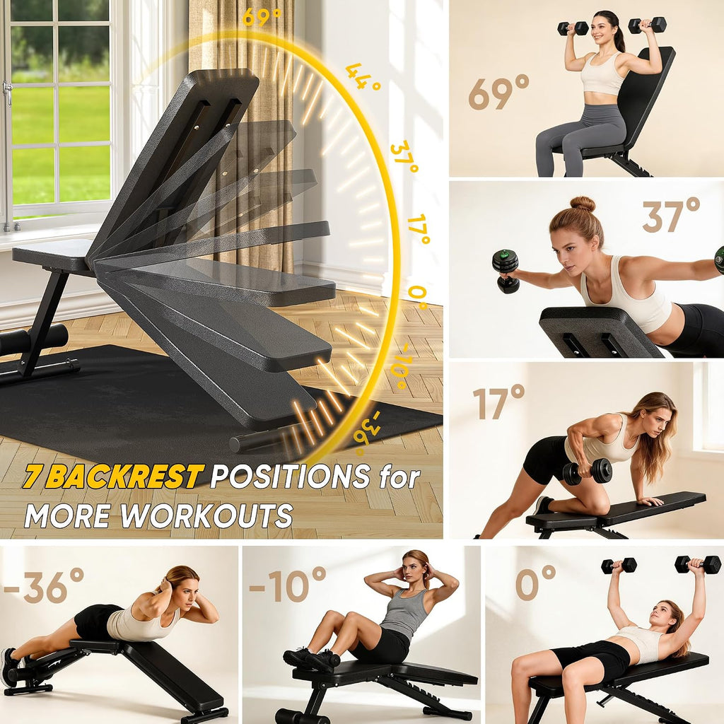 Adjustable Weight Bench for Home Gym, 600LBS Capacity Foldable Workout Bench with 7 Backrest Positions for Full Body