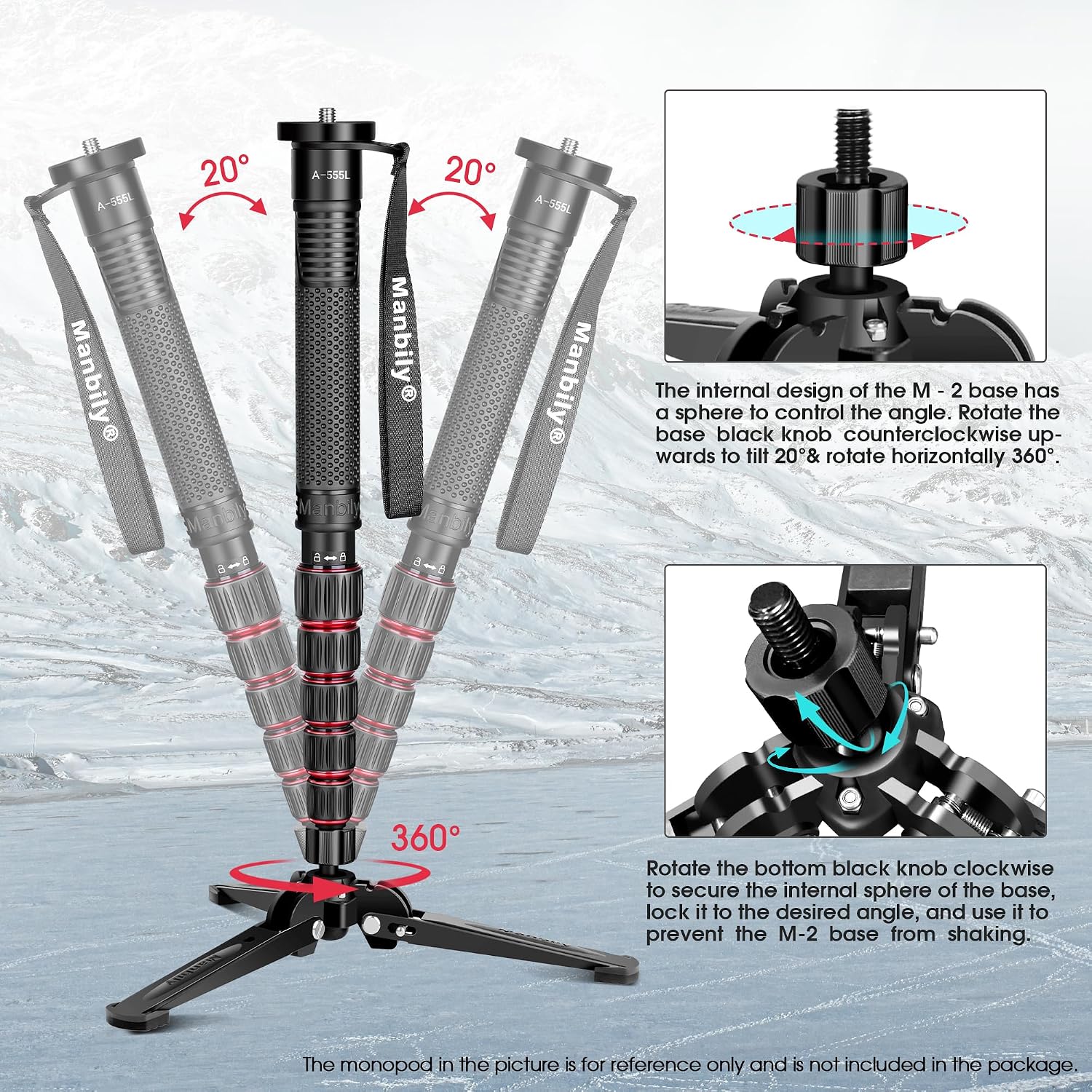 Mini Tripod Base for Monopods, 3/8" Screw Desktop Stand with Three Feet, Monopod Support, Travel for Ball Head