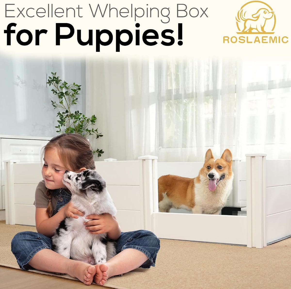 72"x 40" Whelping Box Kit for Dogs, Perfect for 2-6 Puppies’ Growth Period, White