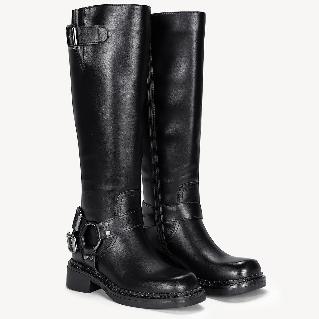 Women's Knee High Riding Boots, Square Toe Buckle Harness Style