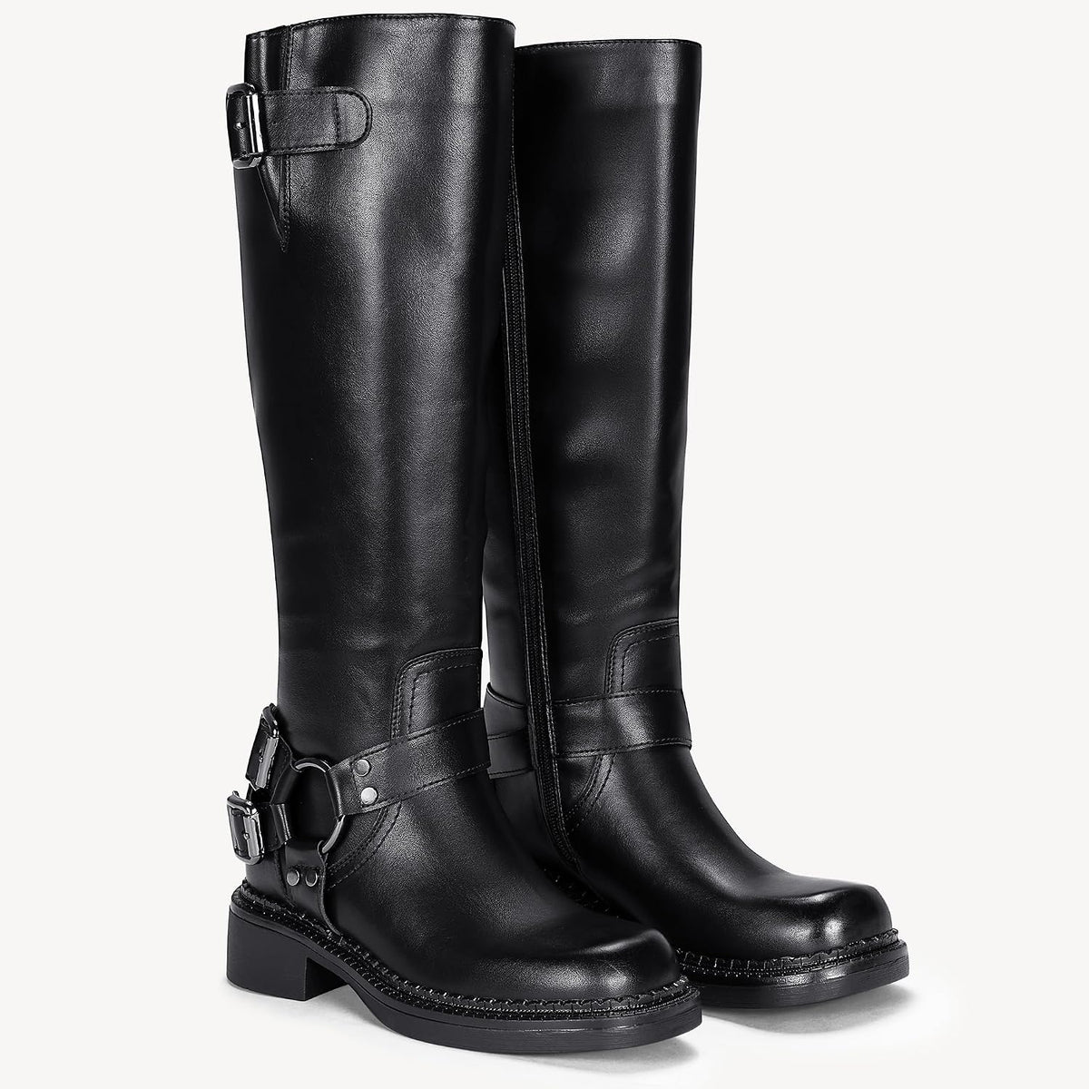 Women's Knee High Riding Boots, Square Toe Buckle Harness Style