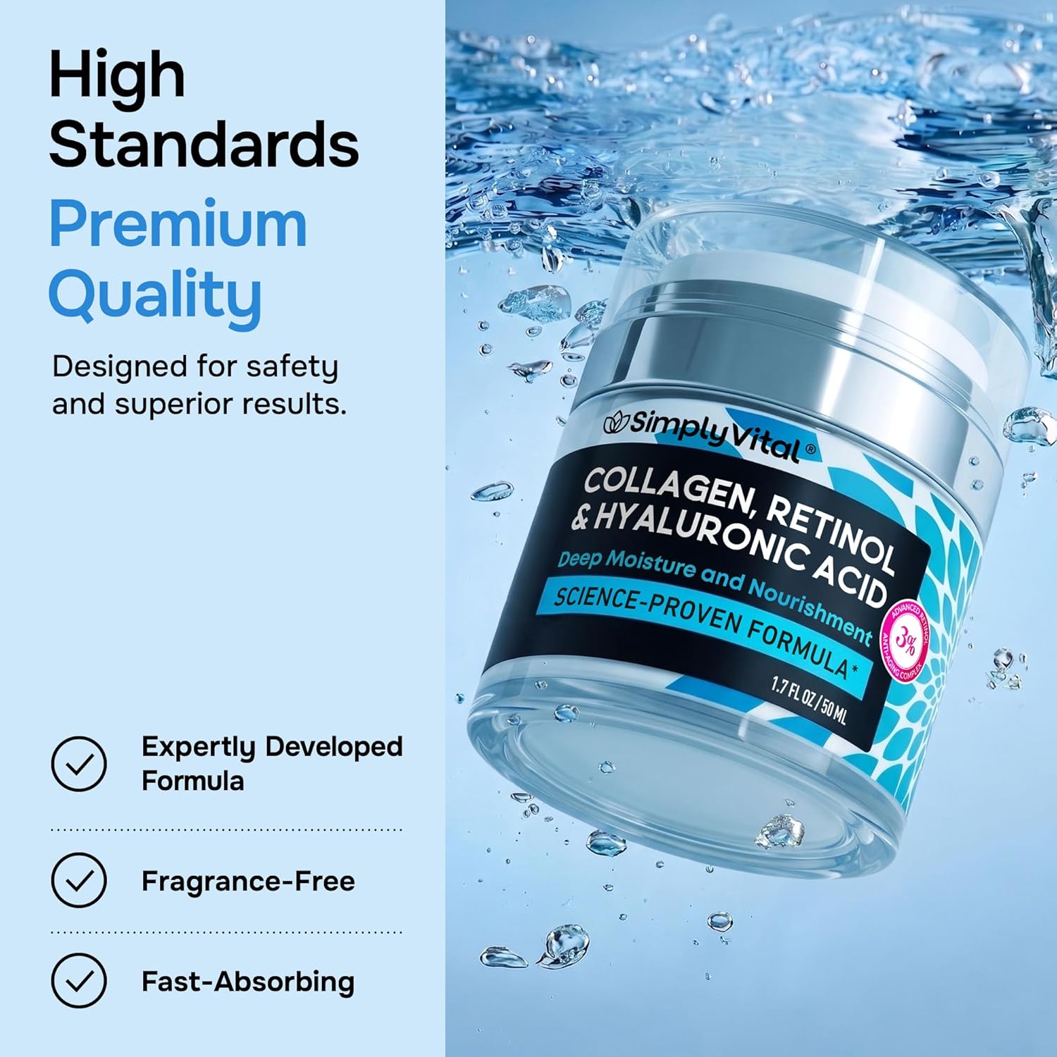 Face Moisturizer Retinol Collagen Hyaluronic Acid Cream 1.7 oz | Anti-Aging, Moisturizer Face Cream for Women & Men