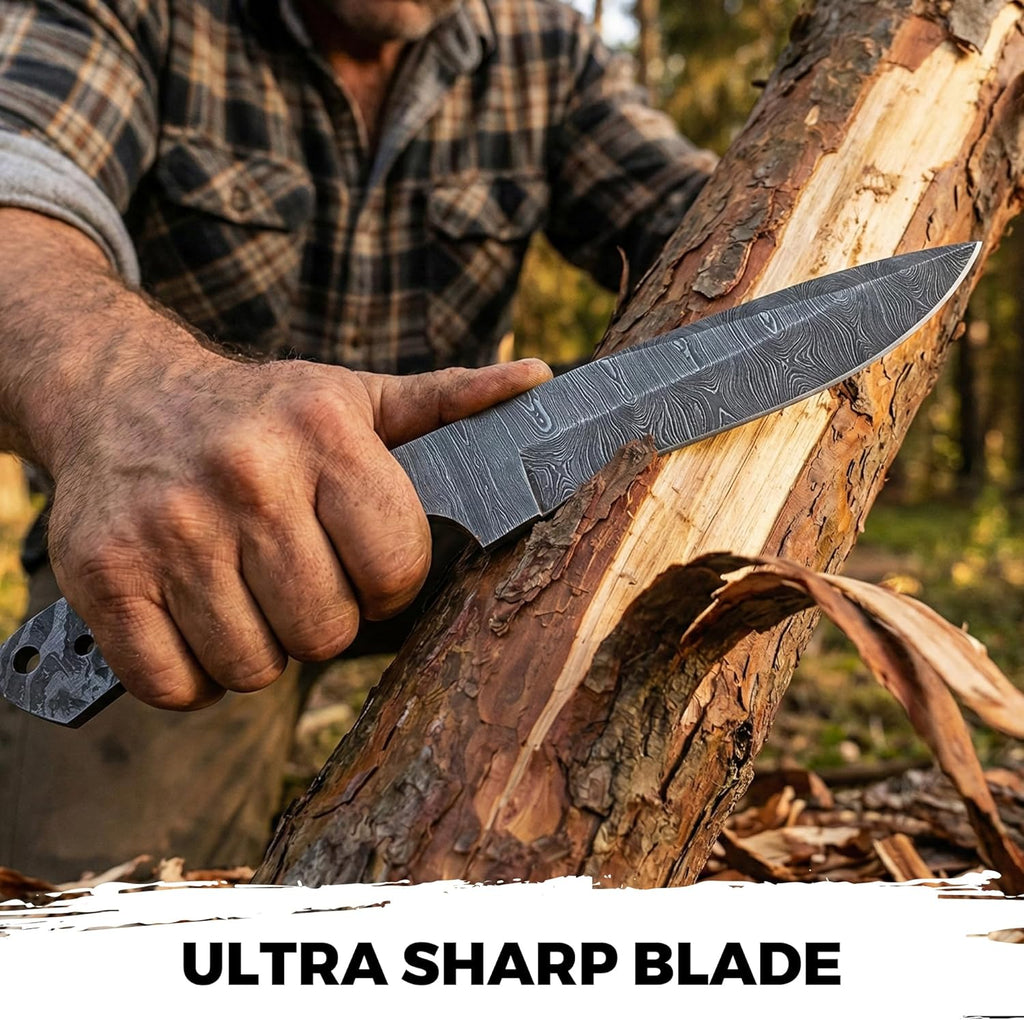 10" Damascus Steel Knife Making Kit – DIY Handmade Blank Blade, Dark Wood Handle Scales, Metal Pins & Leather Sheath