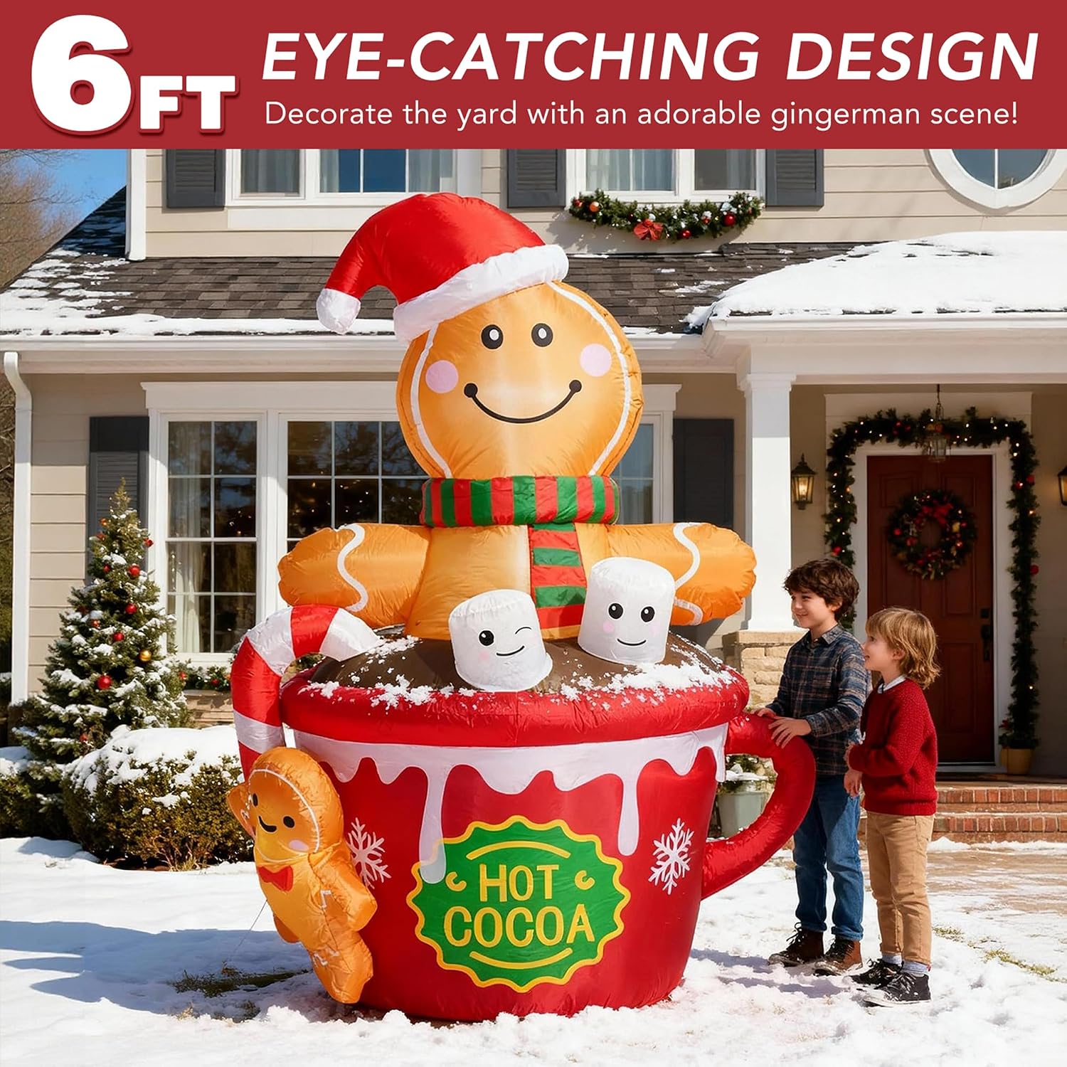 6 FT Christmas Inflatables Outdoor Decorations, Cute Christmas Blow Up Yard Decorations Gingerbread Man in Hot Cocoa