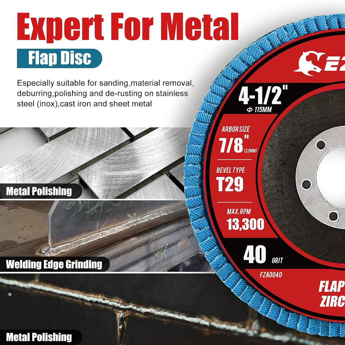 EZARC Zirconia Flap Discs 40 Grit, 4-1/2 x 7/8-Inch, Type 29, 50-Pack