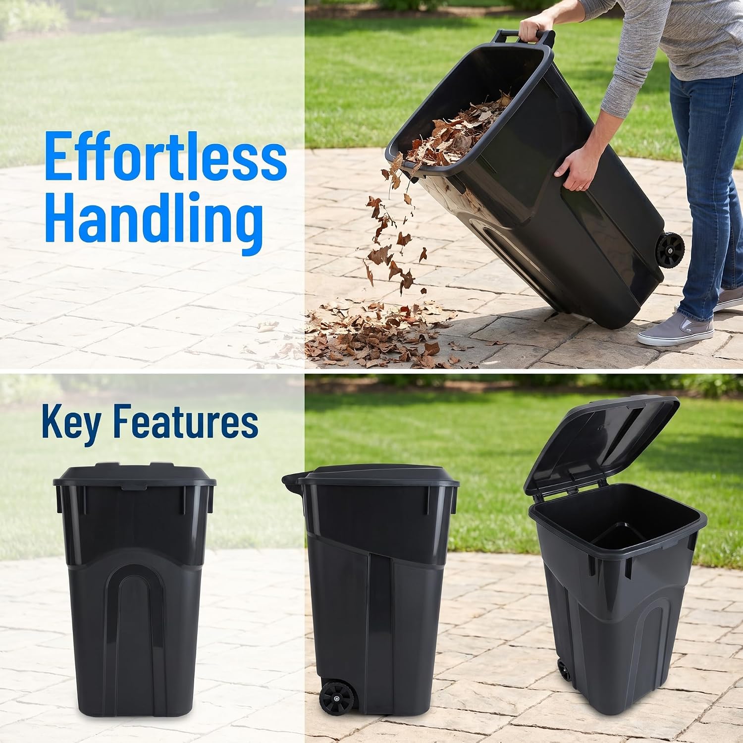 32 Gallon Outdoor Trash Can with Lid and Wheels, Wheeled Garbage Bin, Black | 32 Gallon Outdoor Trash Bin, Wheeled