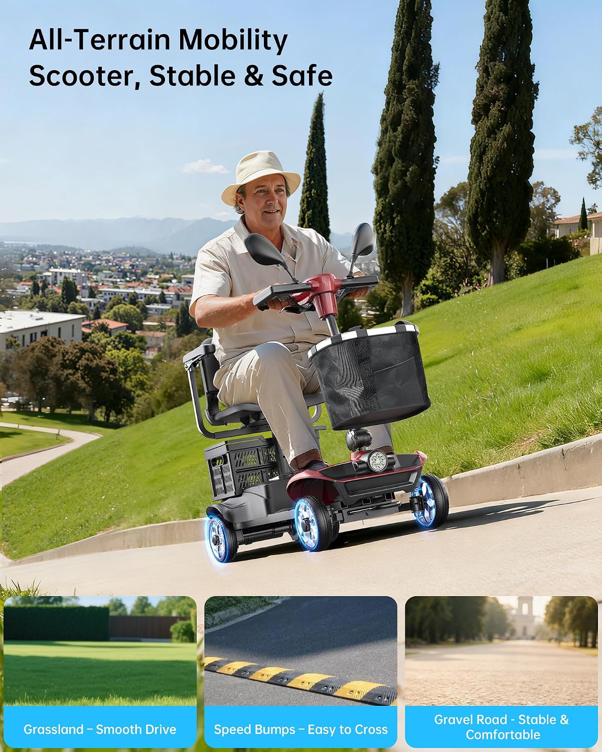 4 Wheel Mobility Scooter for Seniors & Adults, Foldable Portable Motorized Electric Scooters with Removable Battery