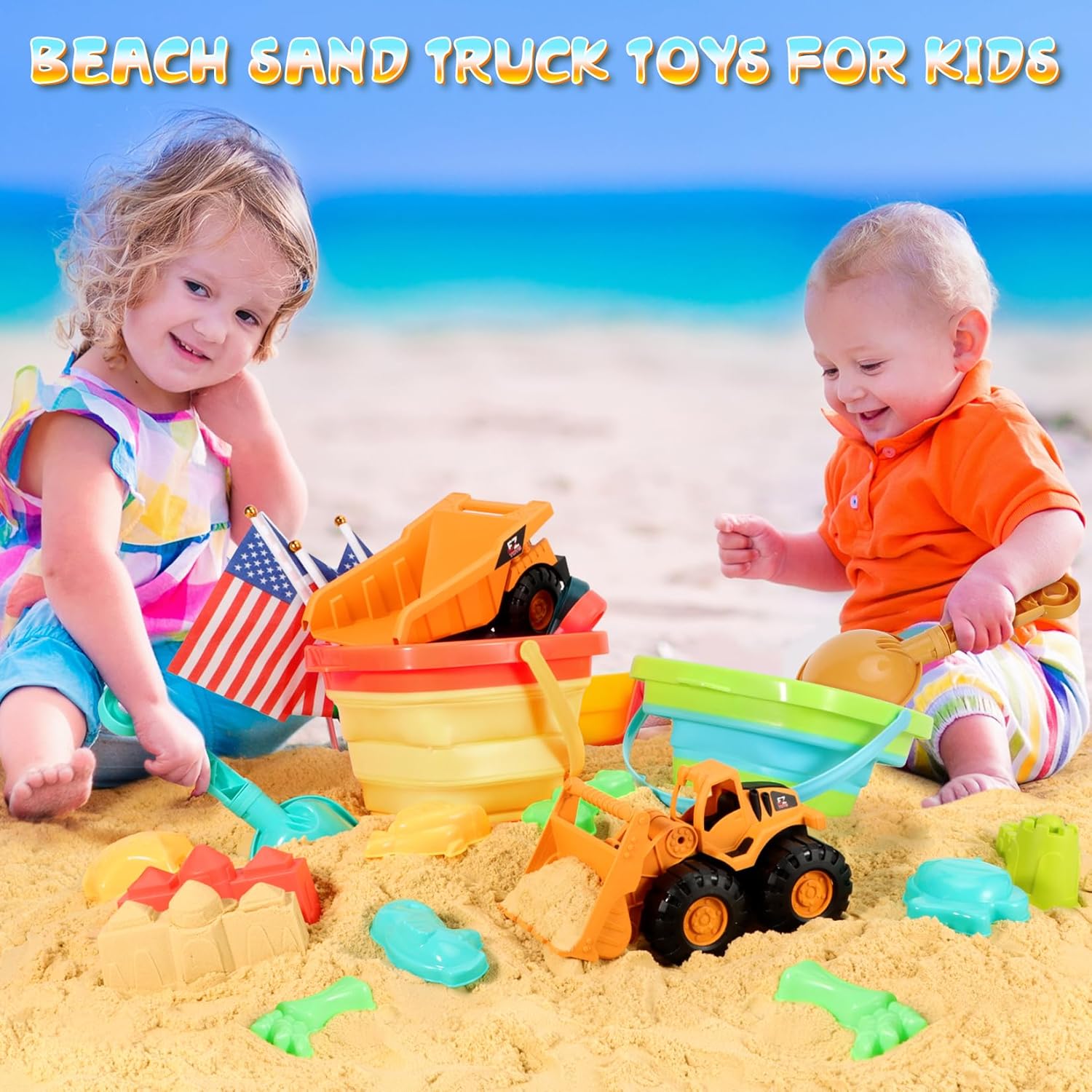 Beach Sand Toys for Kids, 29PCS Travel Beach Essentials for Toddler 3-10 | Sandbox Toys with 2 Collapsible Bucket