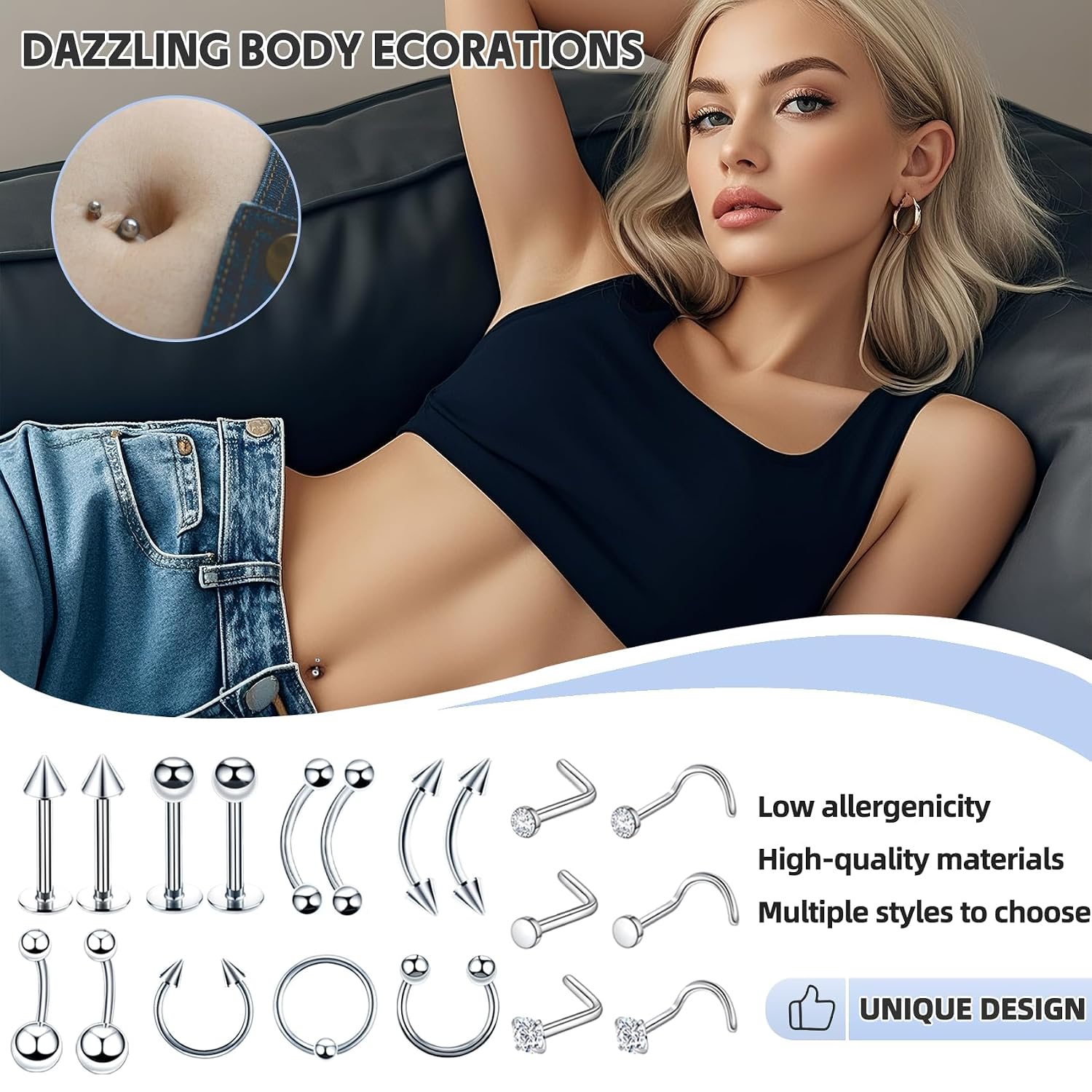 80PCS Nose Piercing Kit: Stainless Steel Body Piercing Jewelry with 12G, 14G, 16G, 20G Needles for Ear, Nose, Lip