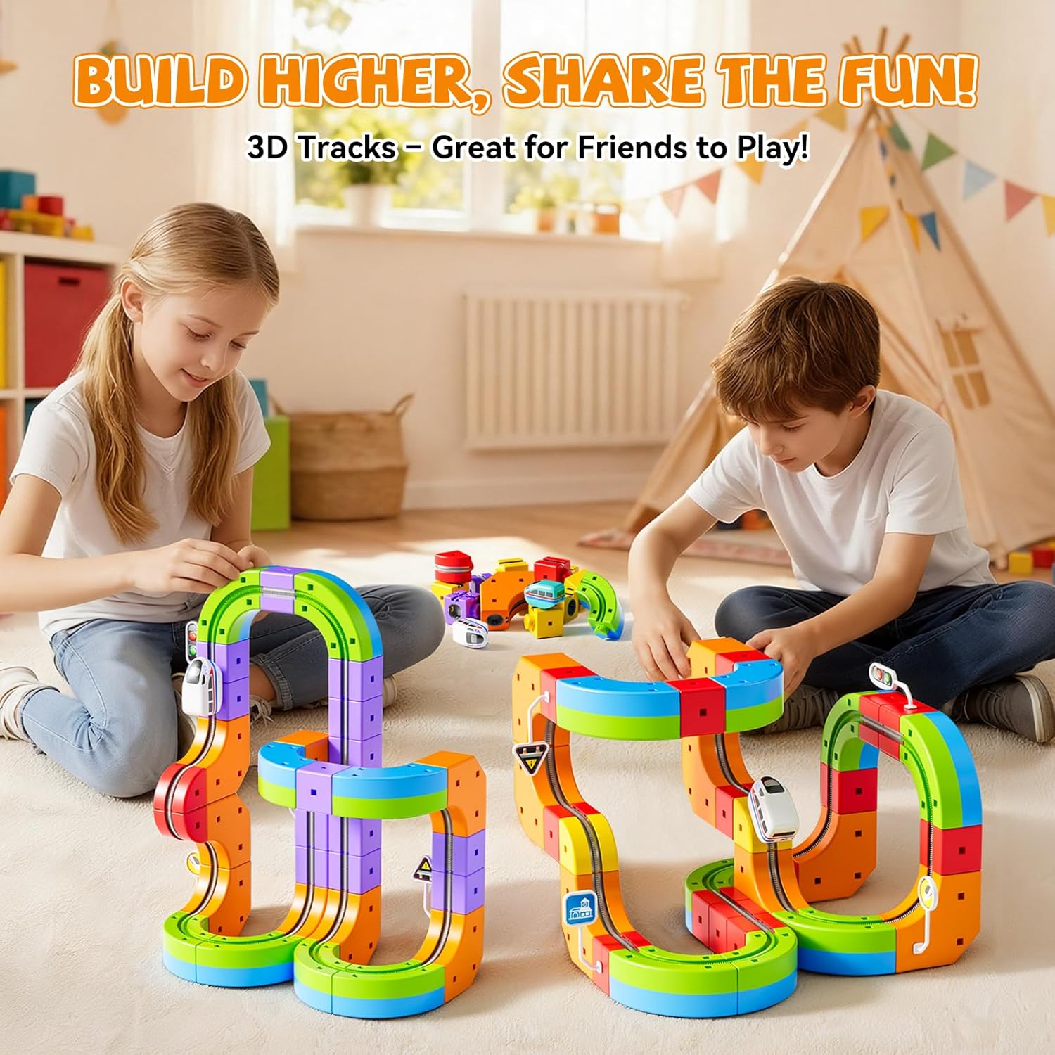 Electric Train Set, 3D Cube Track-DIY Rail Cube Block Kit | 3D Gravity-Defying Motorized Train Tracks, STEM